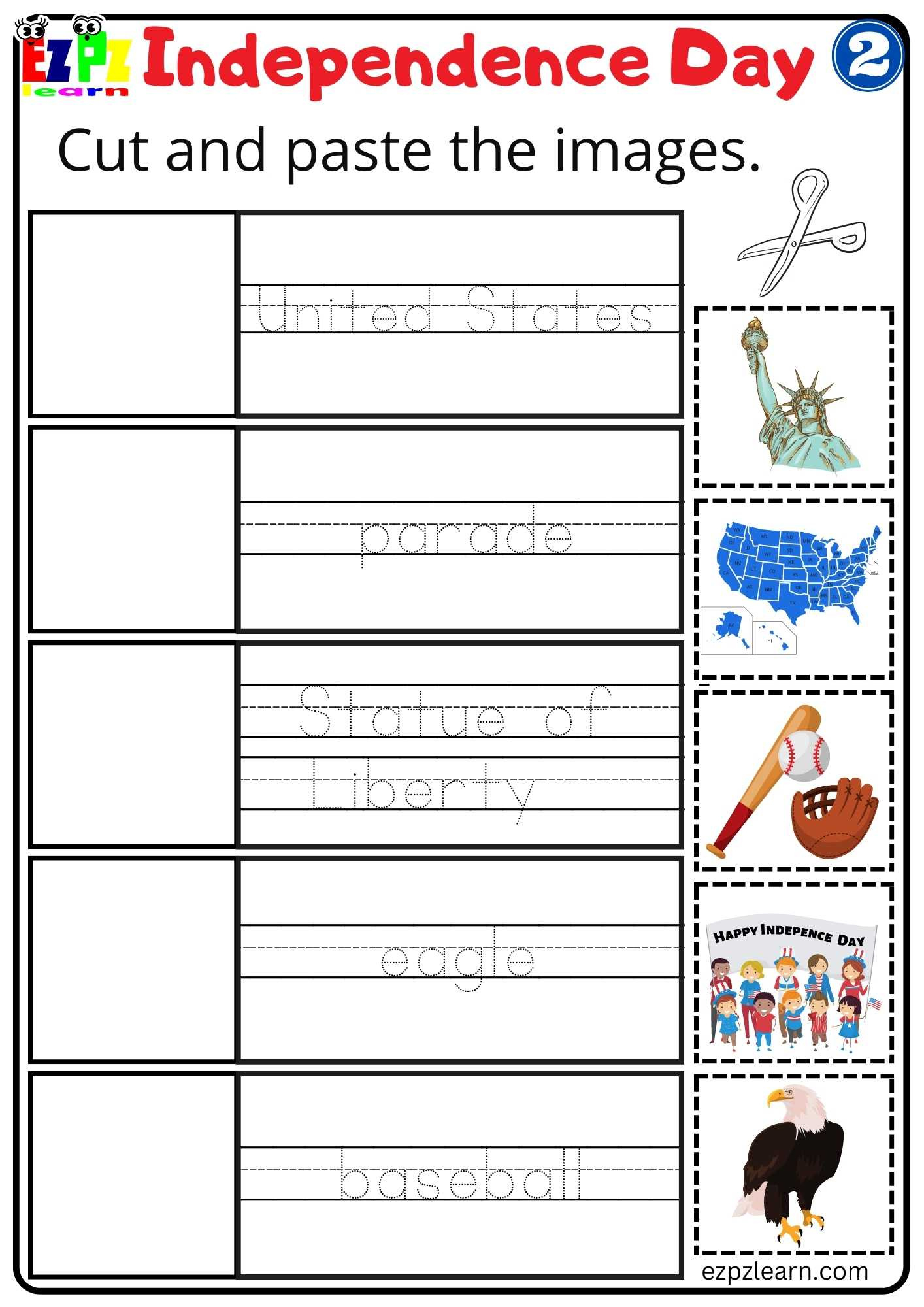 Cut And Paste Worksheet For Independence Day Group 2 - Ezpzlearn pertaining to Free Independence Day Printables