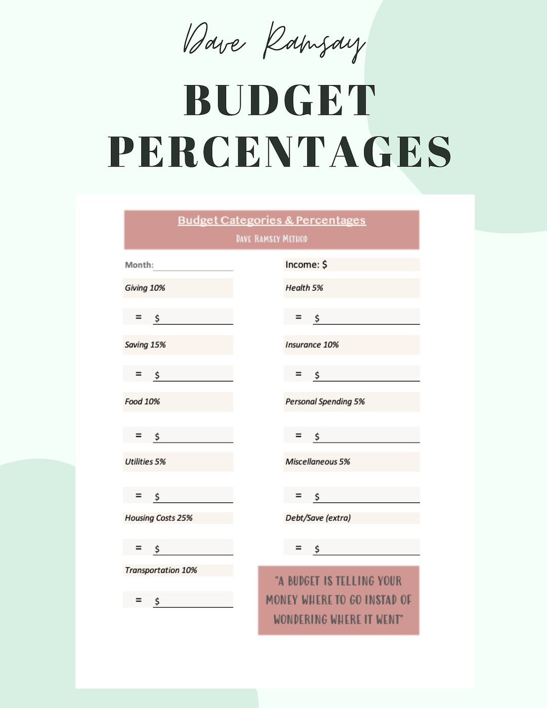 Dave Ramsey Budget Prozente Vorlage-Druckbare-Pdf-Download-Dave for Dave Ramsey Free Printable Budget Forms