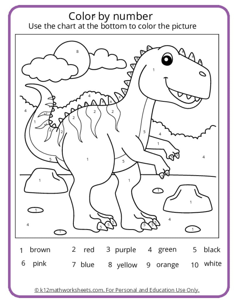 Dinosaur Colornumber Pages - K12 Math Worksheets in Free Dinosaur Math Printables
