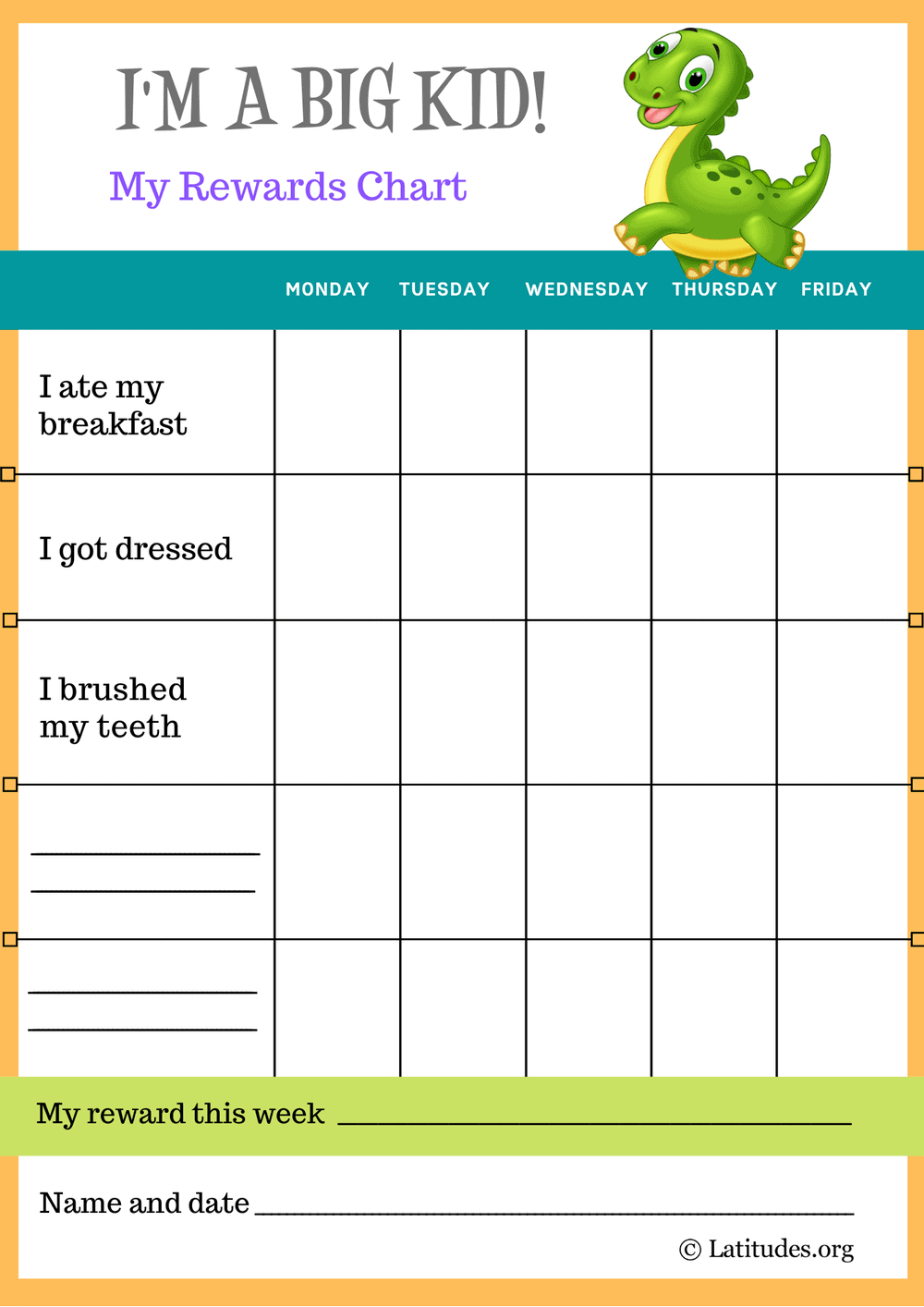 Dinosaur I&amp;#039;M A Big Kid Self-Care Reward Chart - Acn Latitudes regarding Downloadable Free Printable Sticker Chart