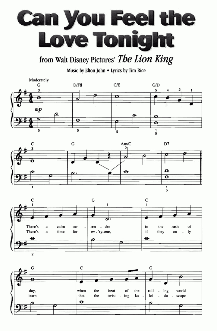 Disney Can You Feel The Love Tonight Easy Piano Sheet Music | Easy for Free Printable Disney Piano Music