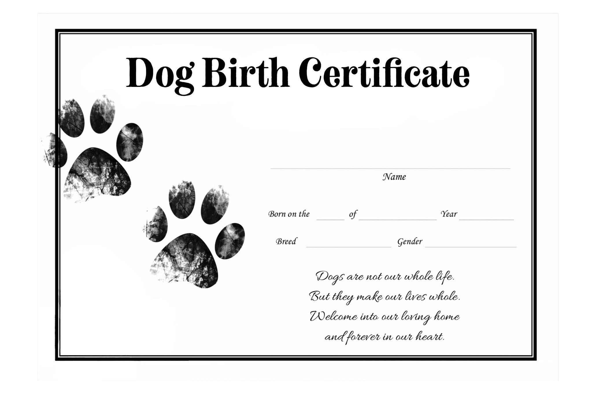 Dog Birth Certificate For Girl Or Boy Puppy Gender Neutral inside Printable Free Puppy Birth Certificate Template