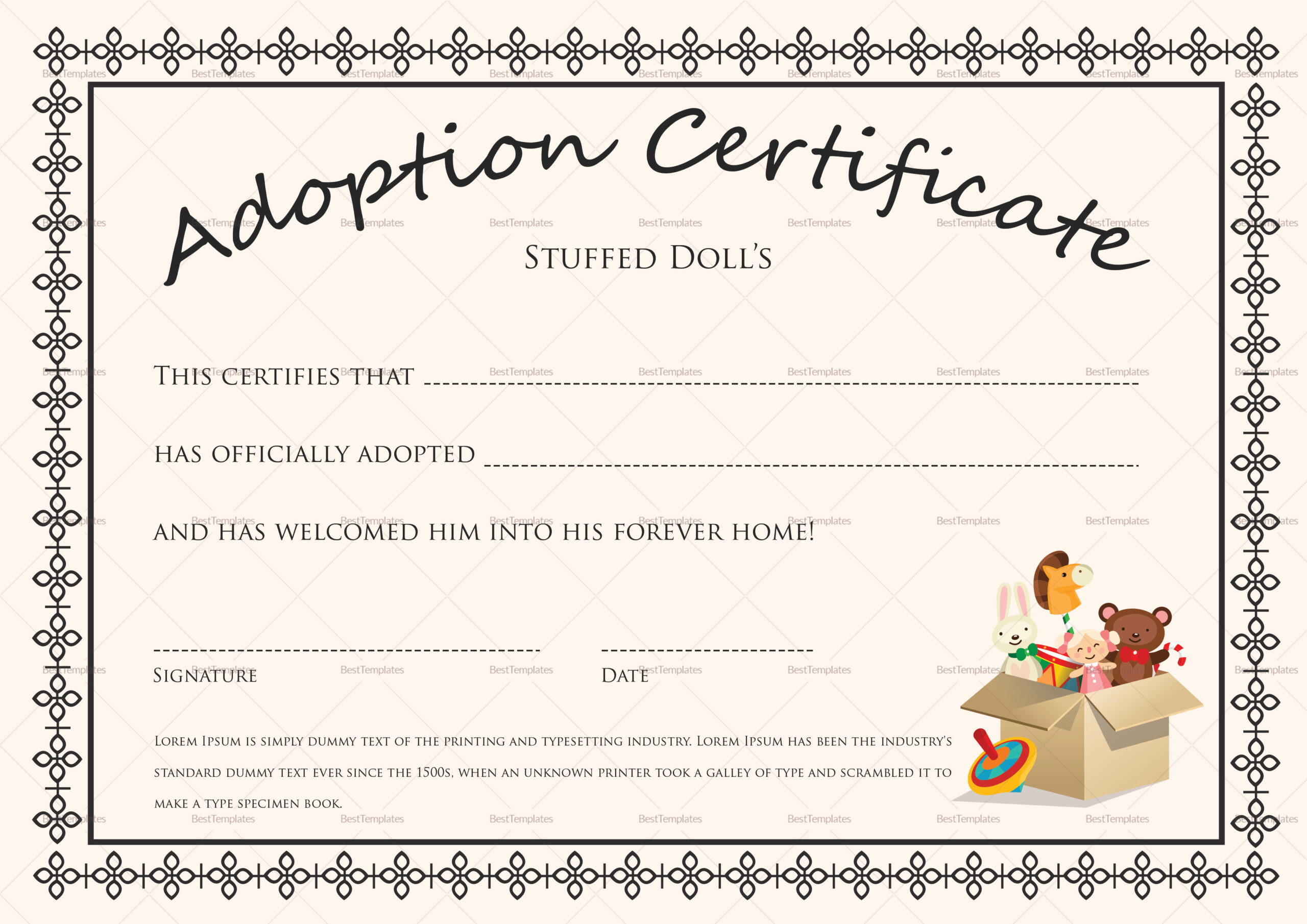 Doll Adoption Certificate Design Template In Psd, Word regarding Free Printable Stuffed Animal Adoption Certificate