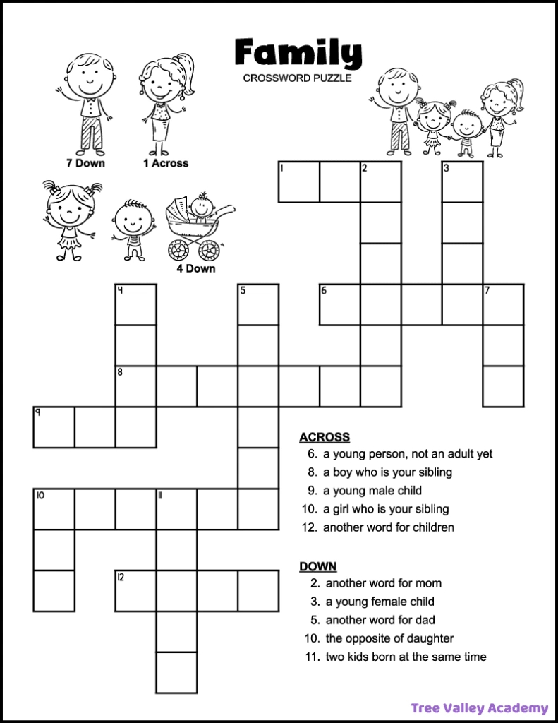 Easy Family Crossword Puzzle - Tree Valley Academy throughout Free Downloadable Printable Crossword Puzzles