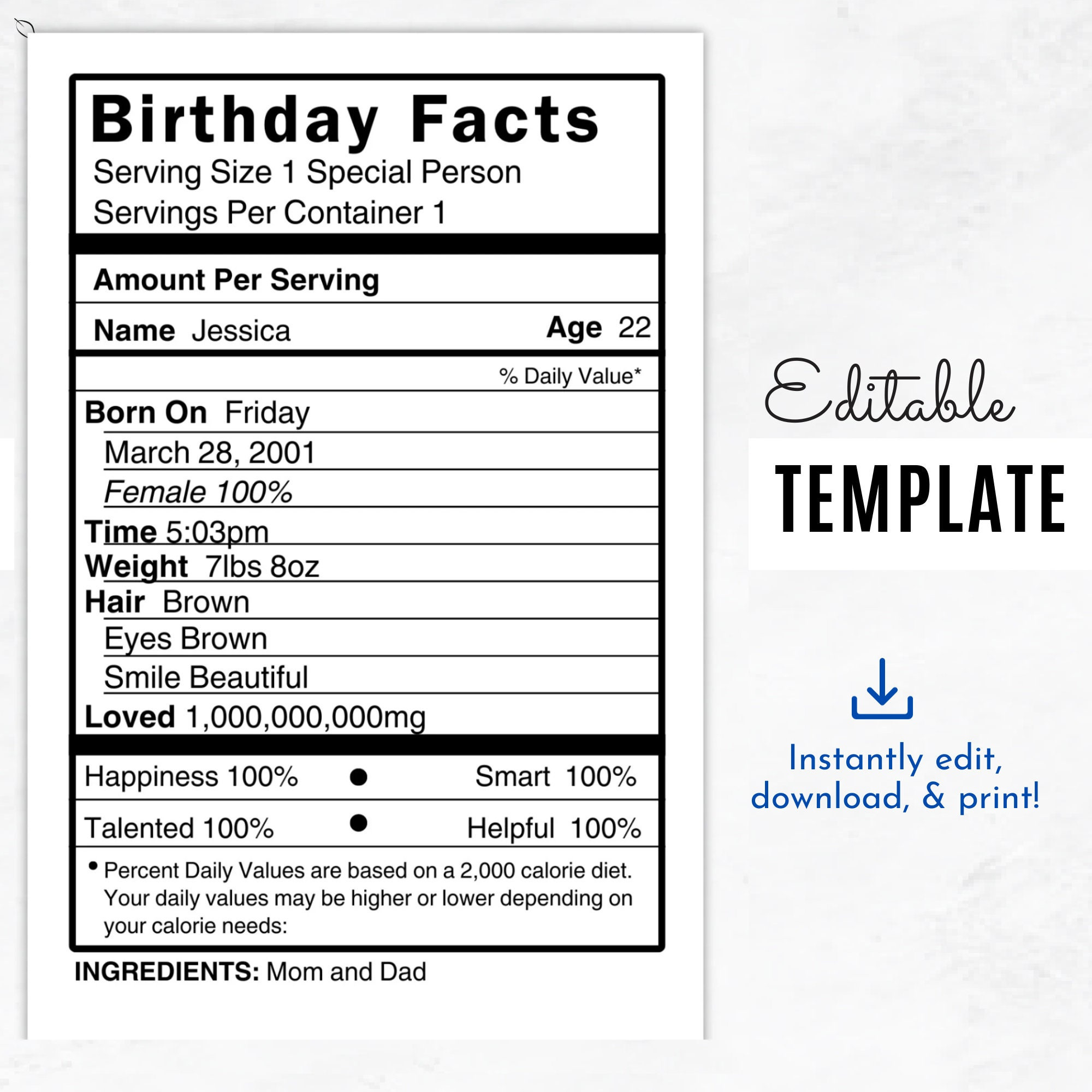 Editable Birthday Nutrition | Nutrition Facts | Nutrition Label with Free Birthday Nutrition Facts Label Template