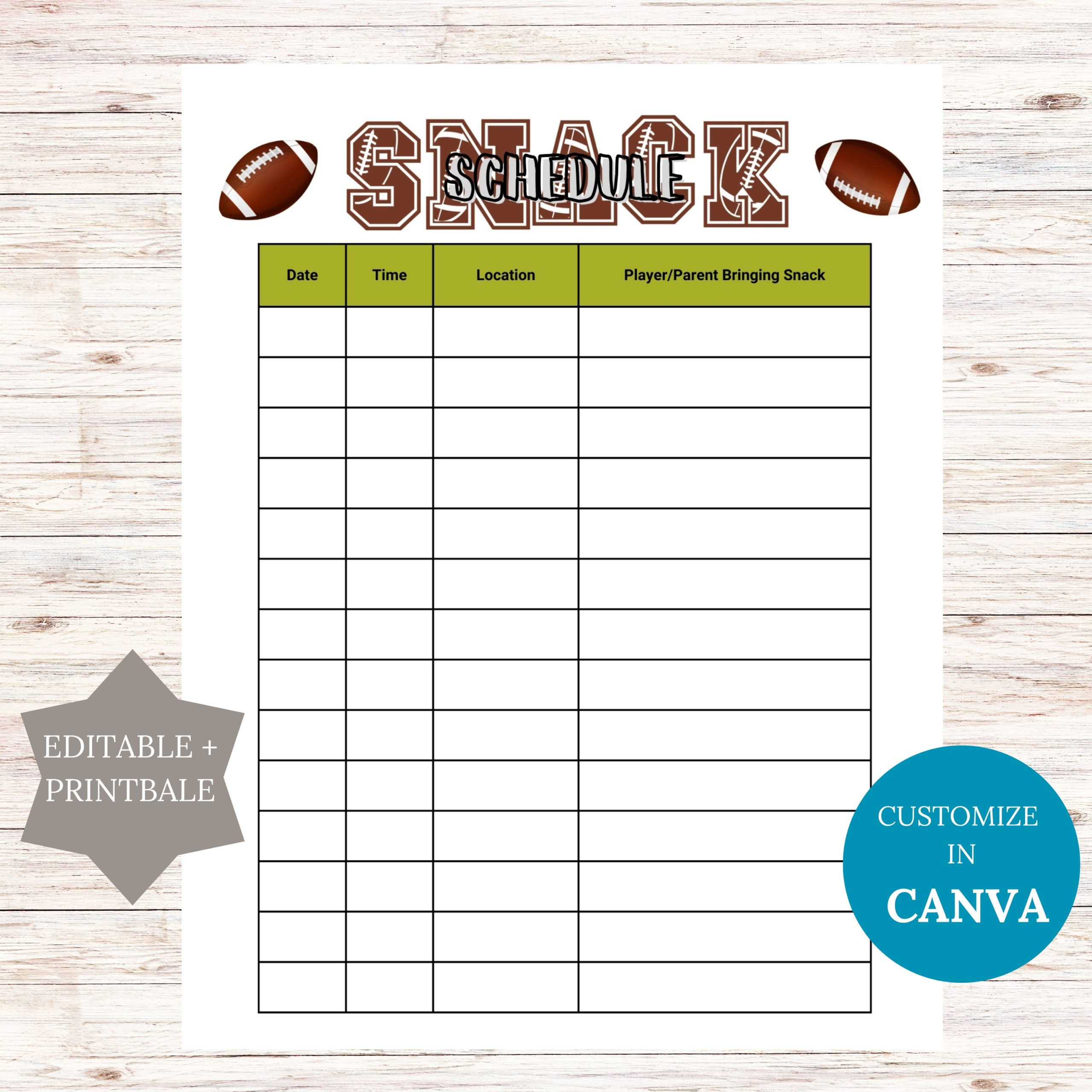 Editable Football Snack Sign Up Sheet Printable (Instant Download) in Free Printable Snack Sign Up Sheet
