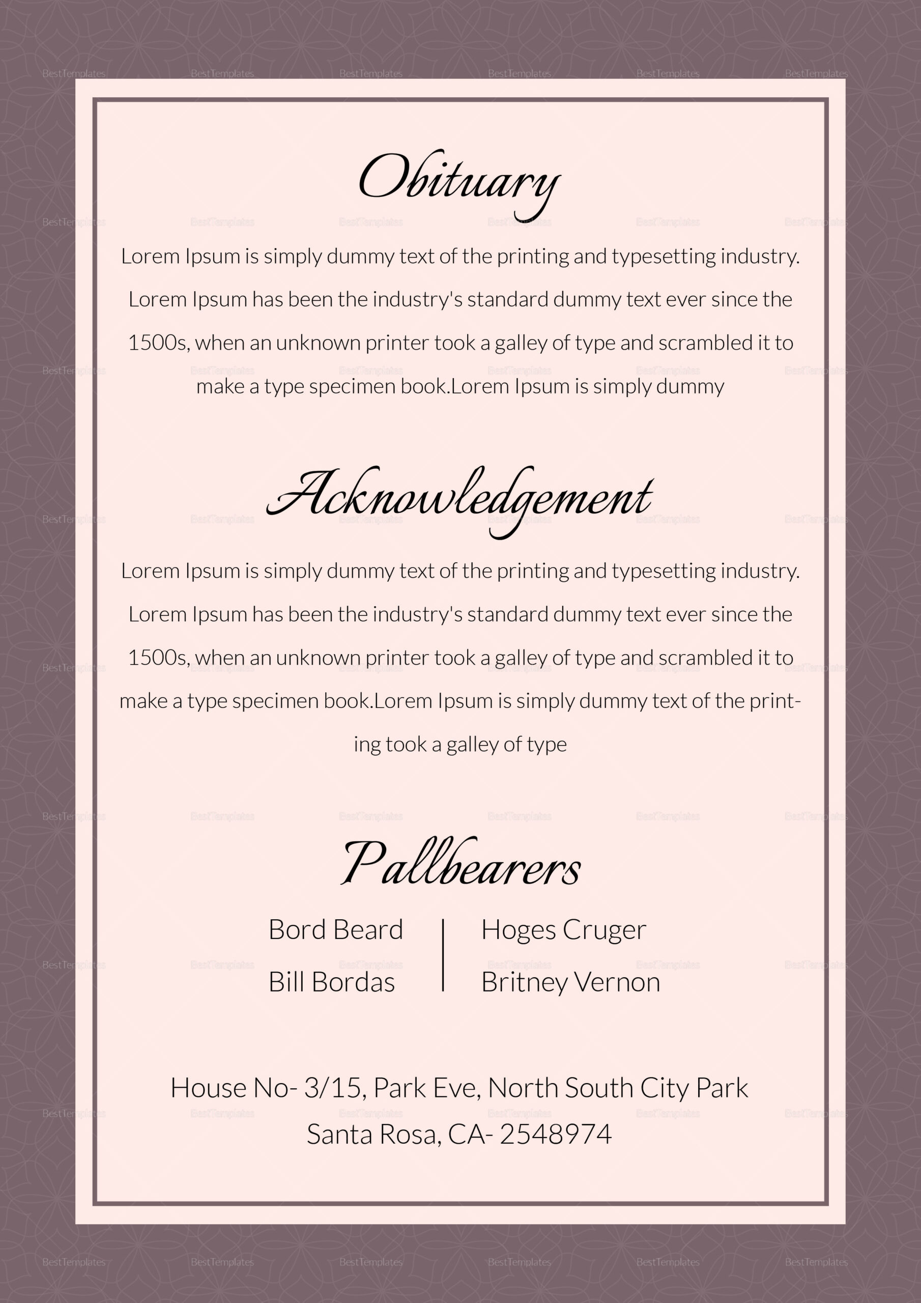 Editable Funeral Obituary Template In Adobe Photoshop, Microsoft Word pertaining to Editable Obituary Template Free