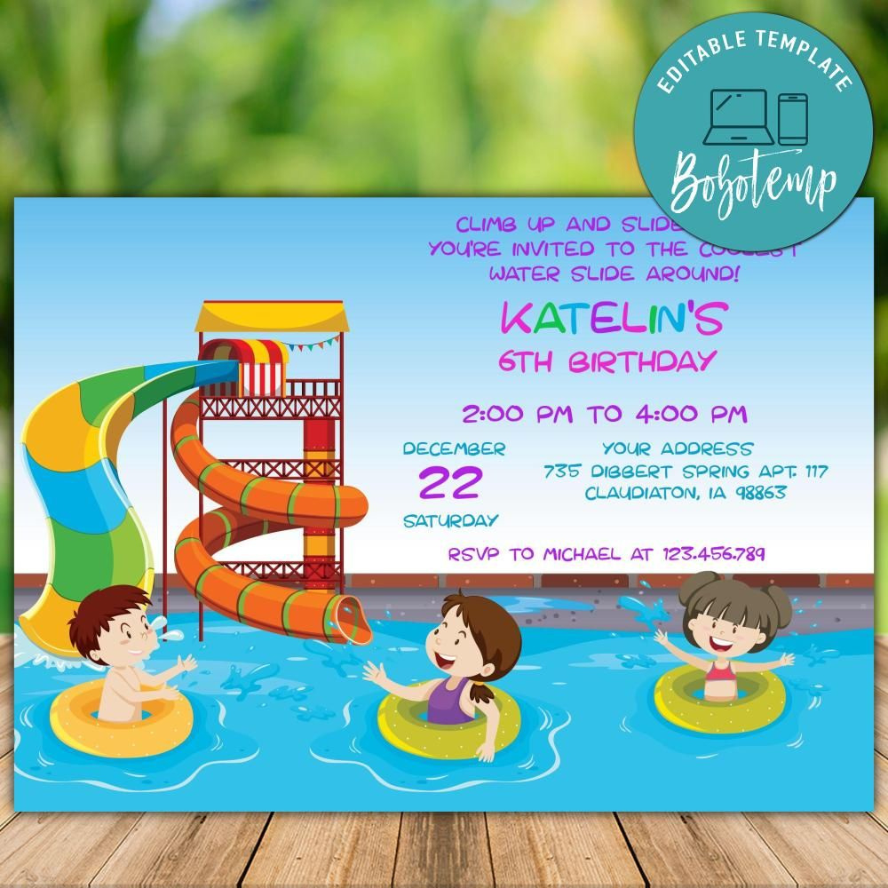 Editable Girl Water Park Birthday Invitation Instant Download for Free Printable Water Slide Invitations