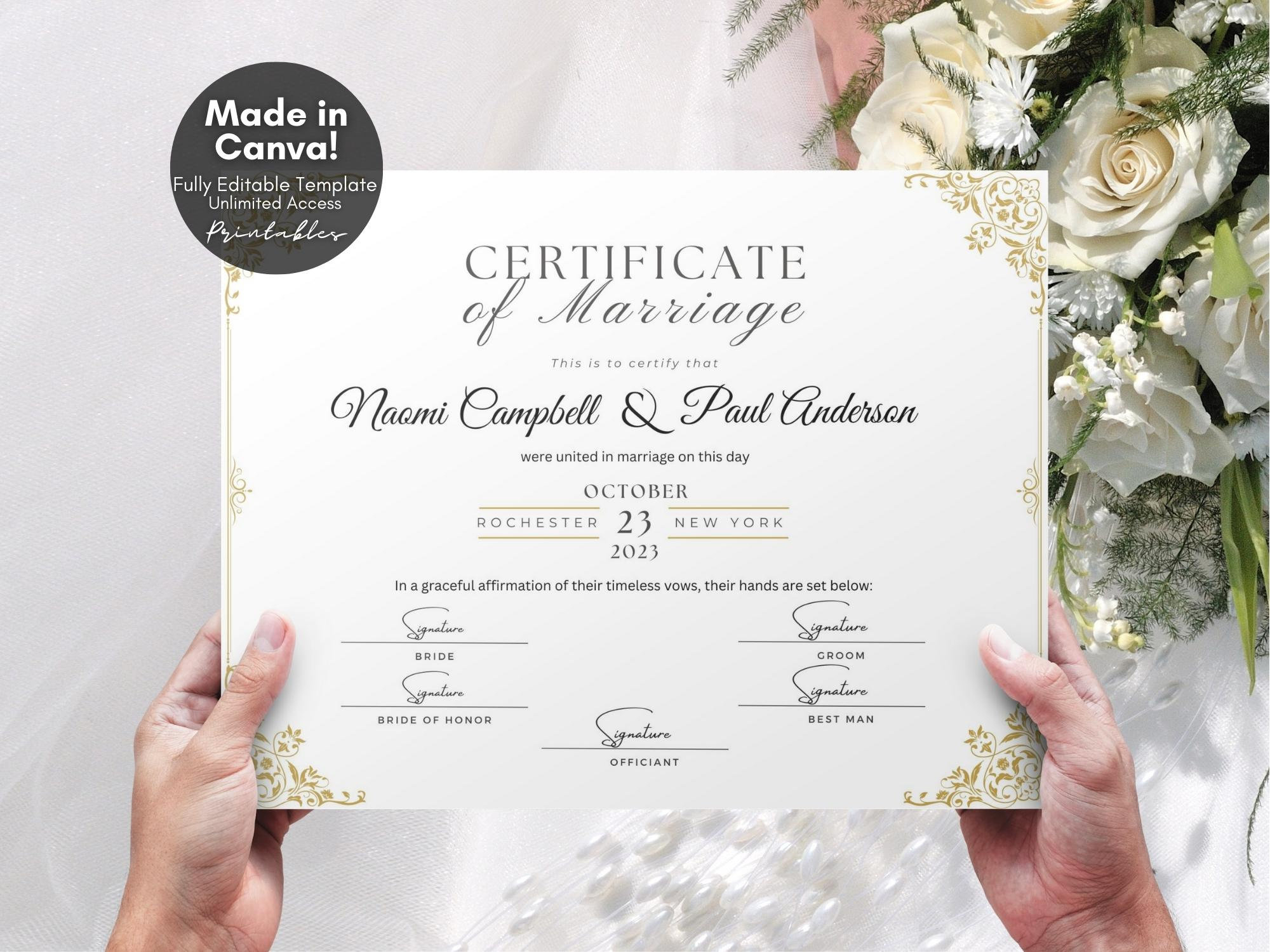 Editable Marriage Certificate Template, Printable Certificate Of for Free Fake Marriage Certificate Template