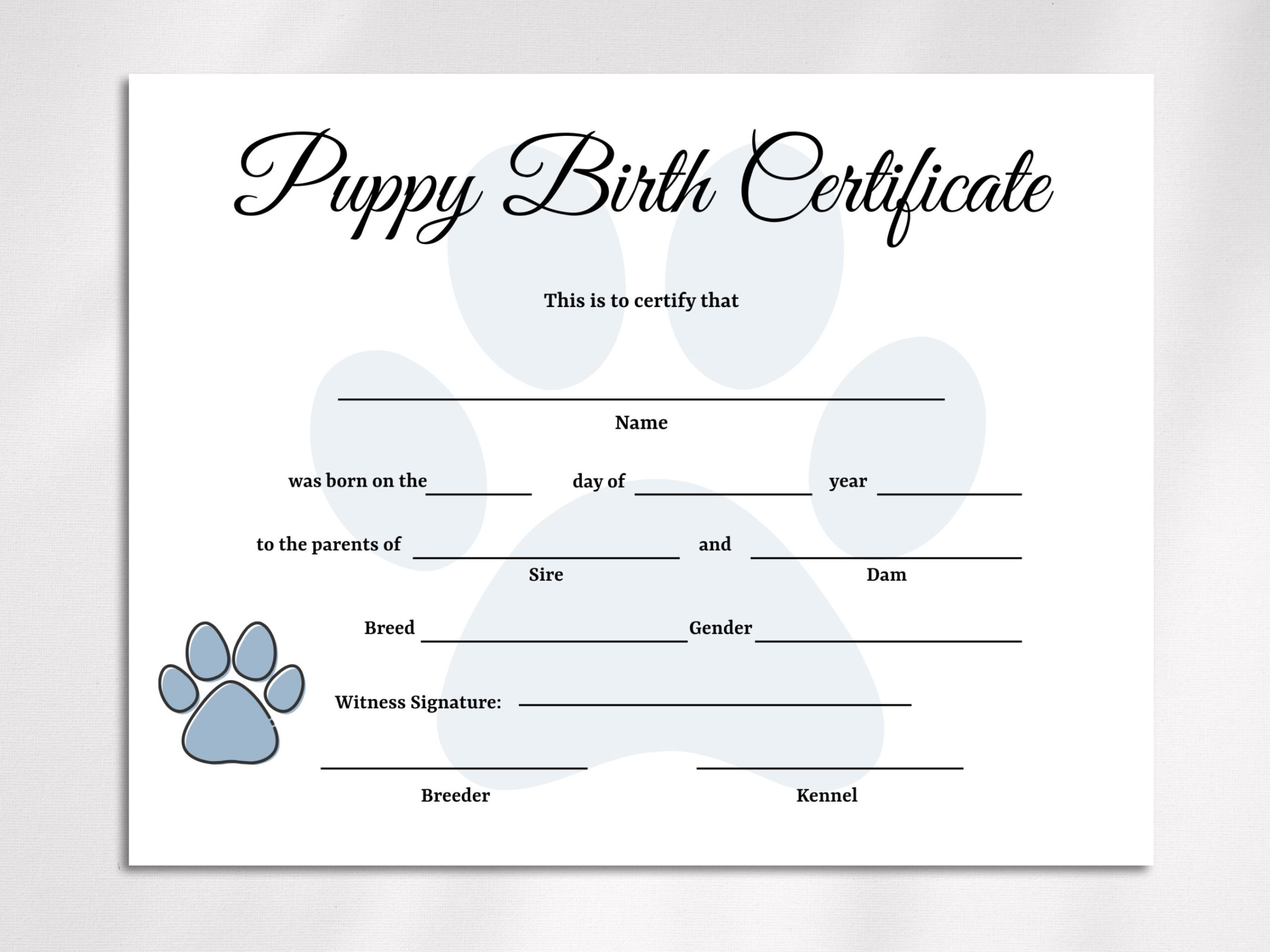 Editable Puppy Birth Certificate Template, Dog Adoption Certificate, Pet Birth Certificate, Dog Breeder Forms in Free Printable Birth Certificates For Puppies