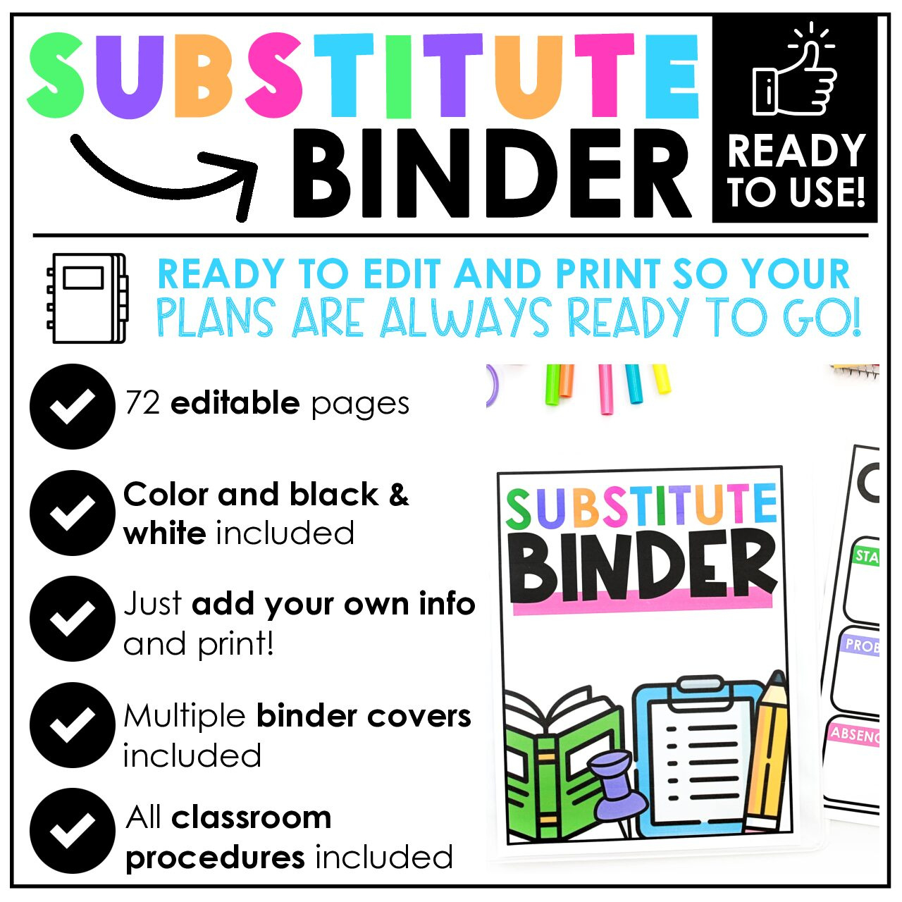 *Editable* Substitute Binder {Color &amp;amp; Black Line} inside Free Substitute Teacher Binder Printables