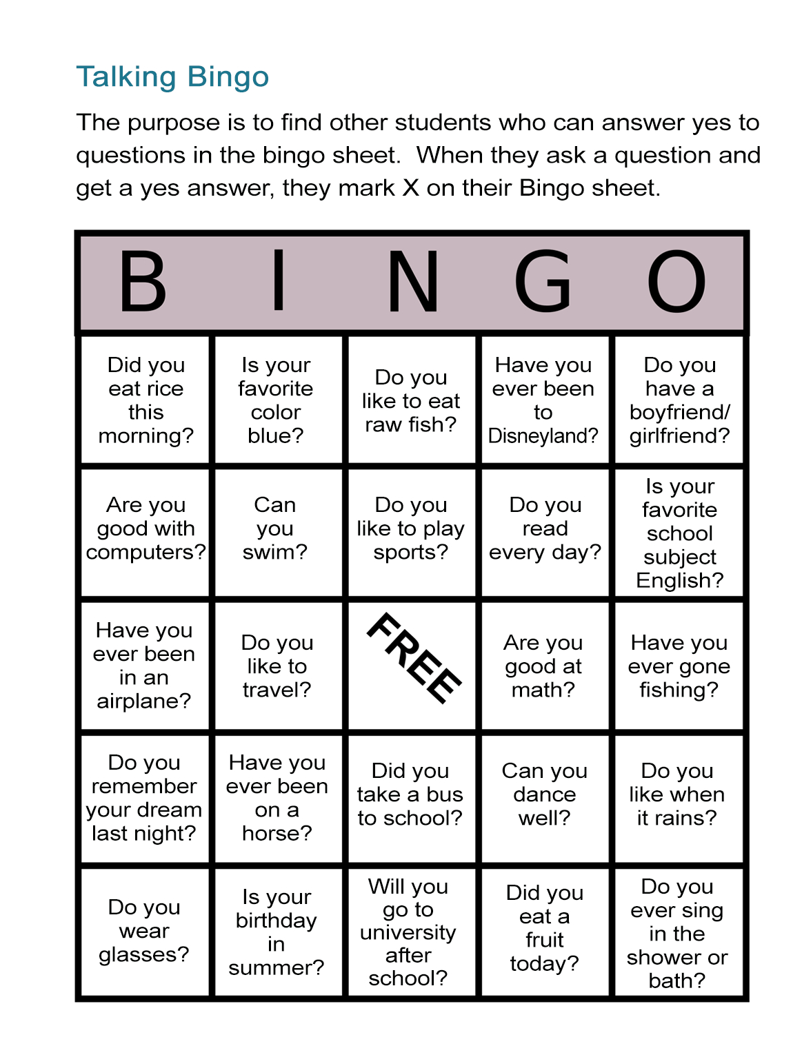 Esl Bingo Free Worksheet: Stand-Up Bingo - All Esl throughout Free Printable Esl Games