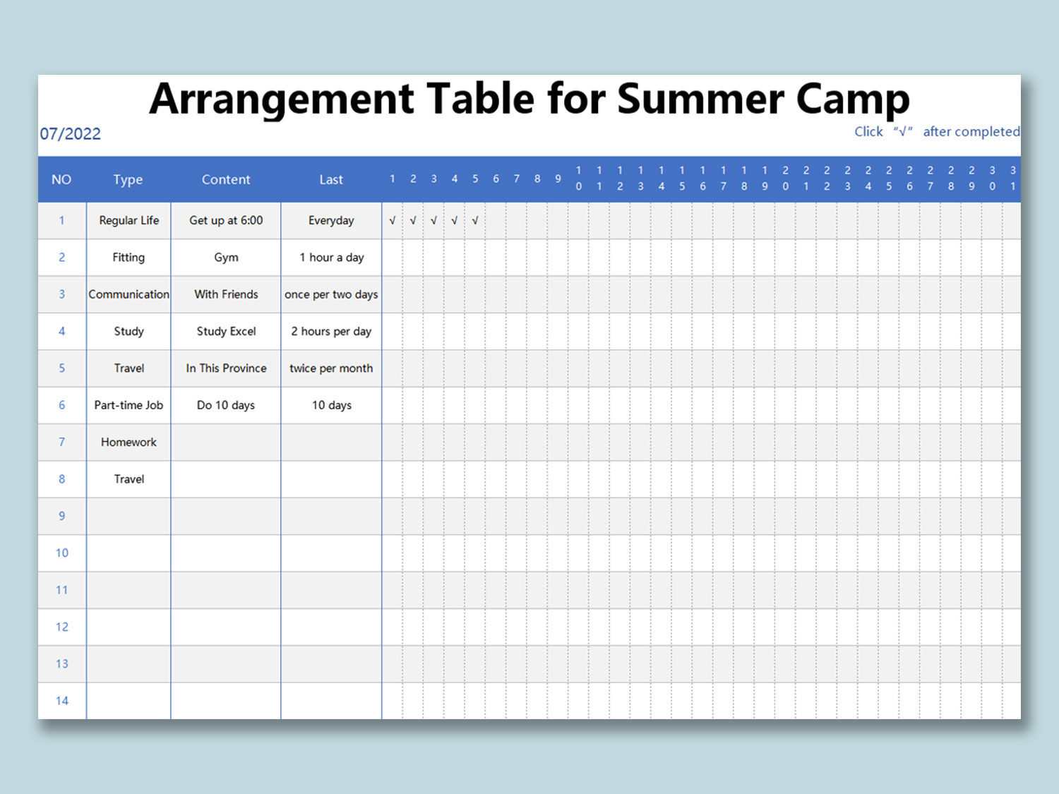 Excel Of Arrangement Table For Summer Camp.xlsx | Wps Free Templates regarding Free Summer Camp Schedule Template