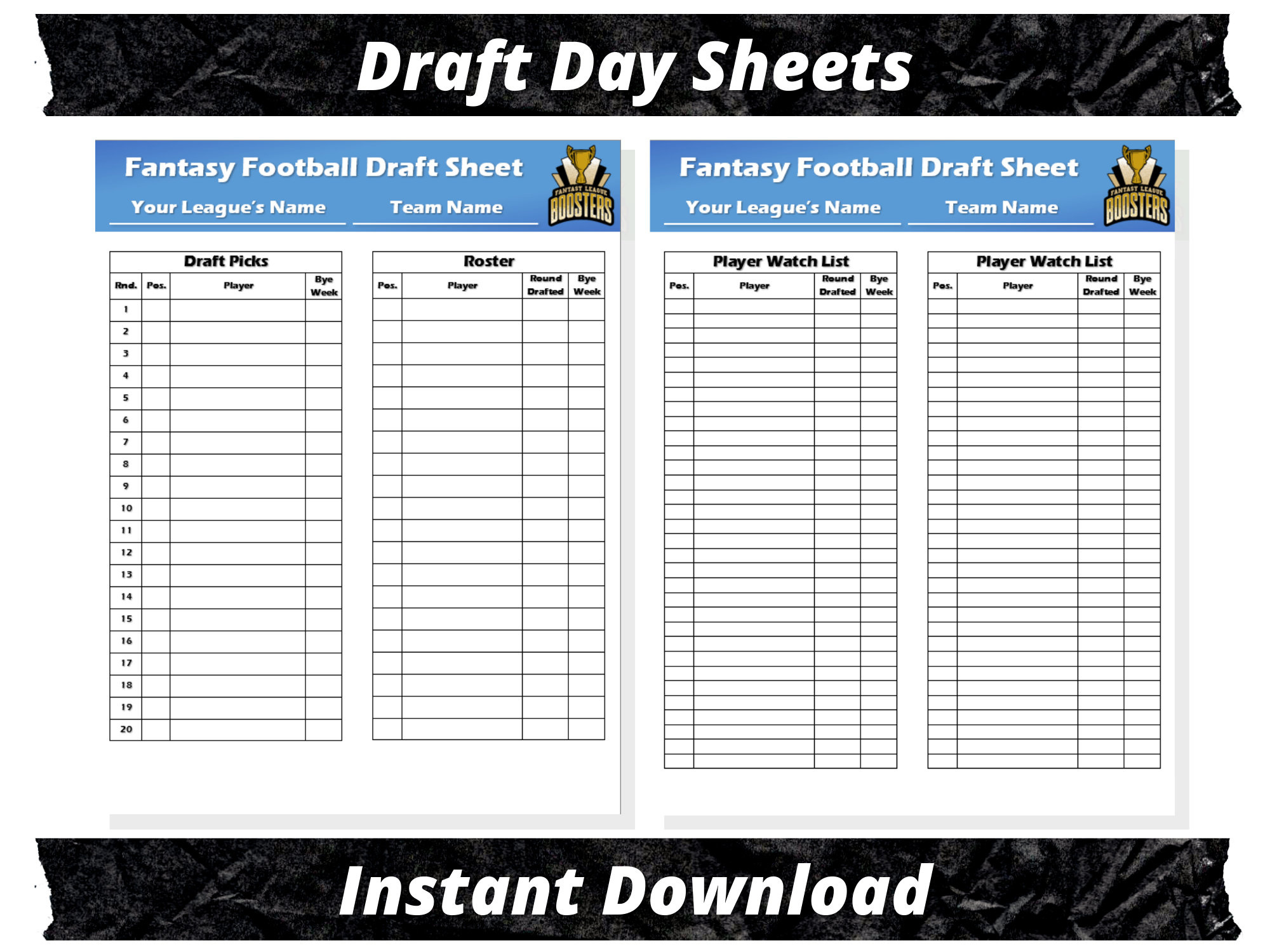 Fantasy Football Draft Sheets | 2025 Season | Microsoft Word for Free Printable Fantasy Football Draft Board