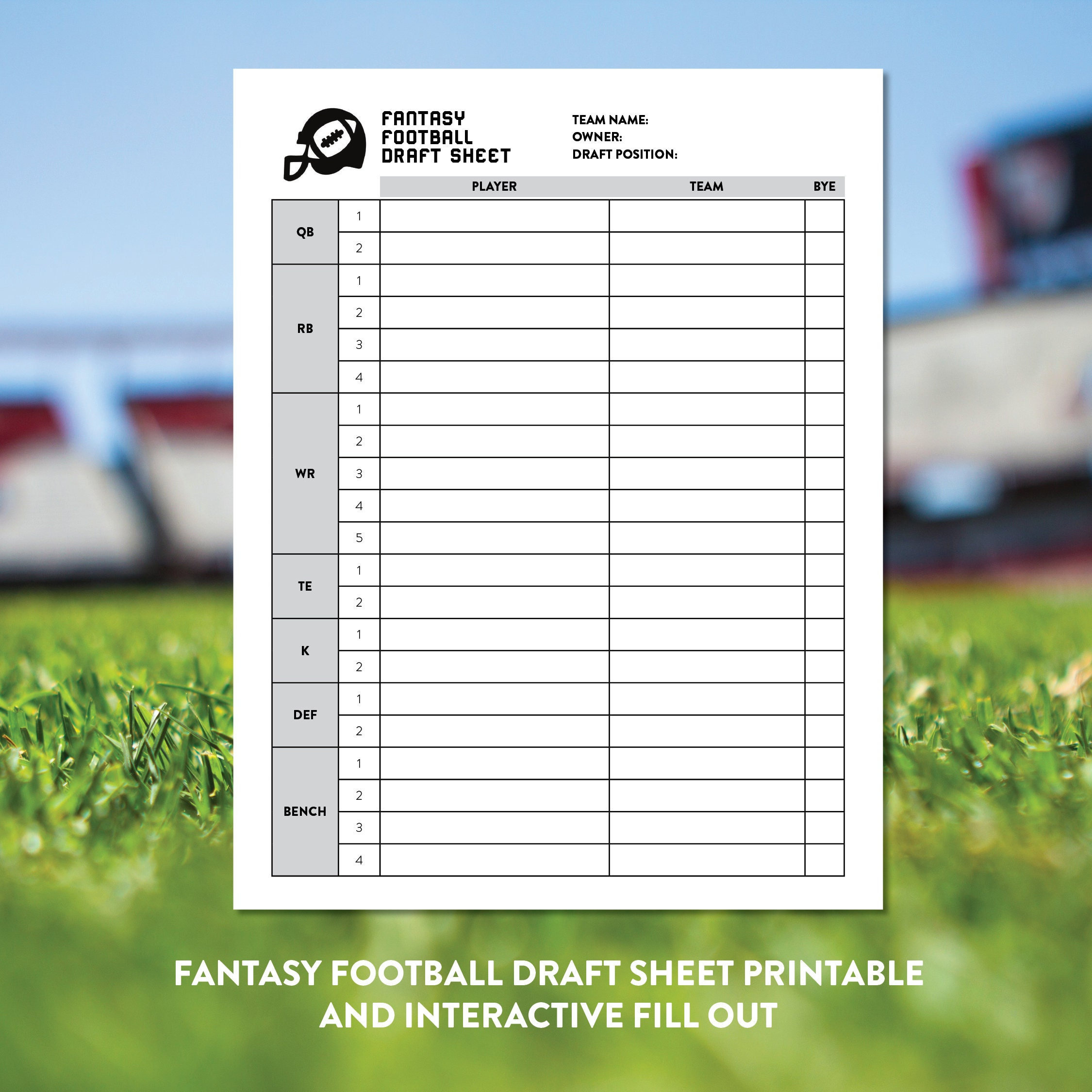 Fantasy Football Interactive Draft Sheet - Tracking Sheet - Team inside Free Printable Fantasy Football Draft Board