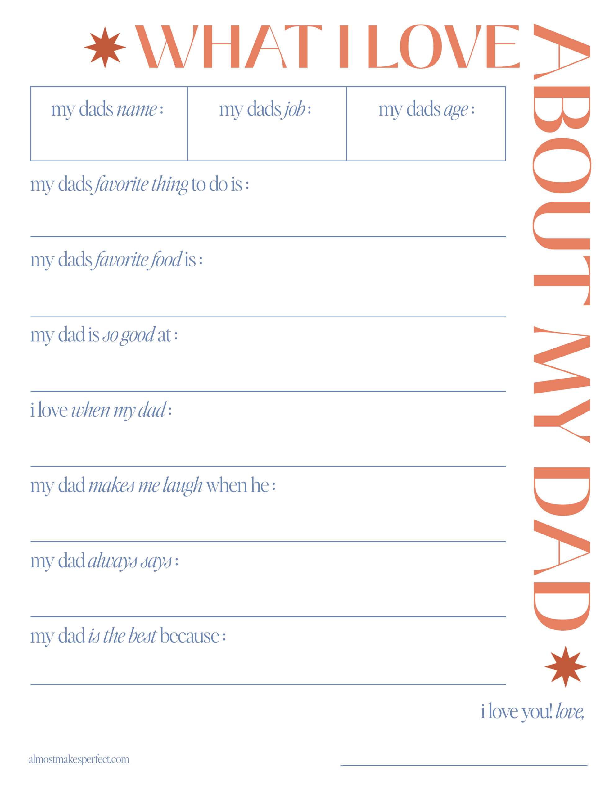 Father&amp;#039;S Day Fill-In-The-Blank Printable – Almost Makes Perfect regarding Fathers Day Fill In The Blank Printable Free