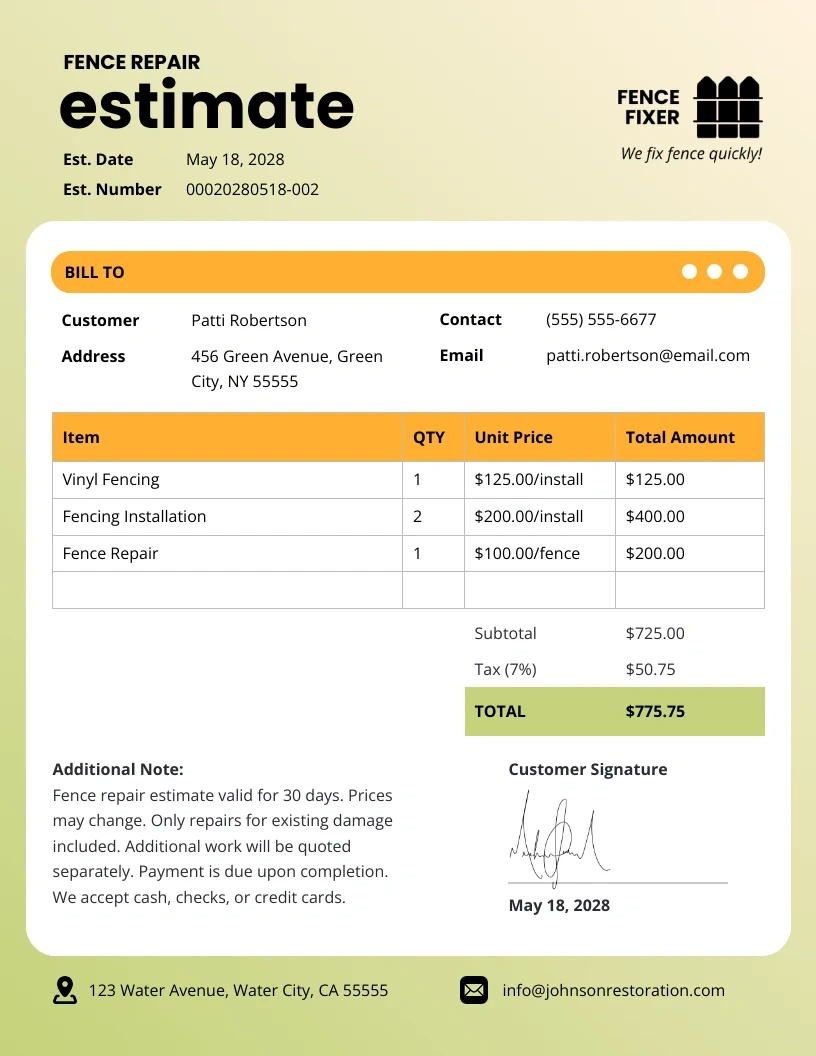 Fence Repair Estimate Template - Venngage in Free Fence Proposal Template