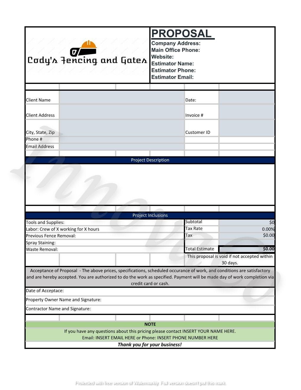 Fencing Estimate Template, Fence Quote Template, Fence Proposal inside Free Fence Proposal Template