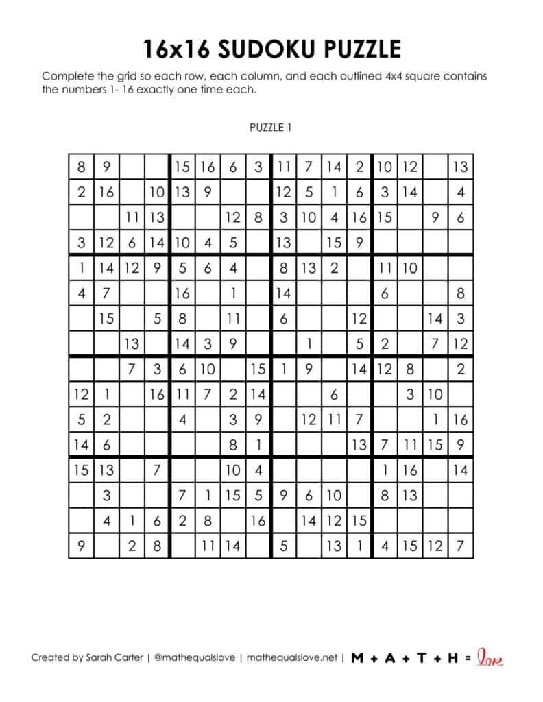Free 16X16 Printable Sudoku Puzzles (Pdf) with Free Printable 16x16 Sudoku Puzzles