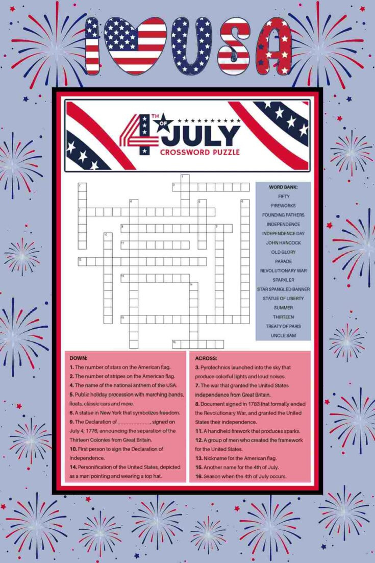 Free 4Th Of July Crossword Puzzle - Answer Key Included intended for Free Printable 4th of July Crossword Puzzles