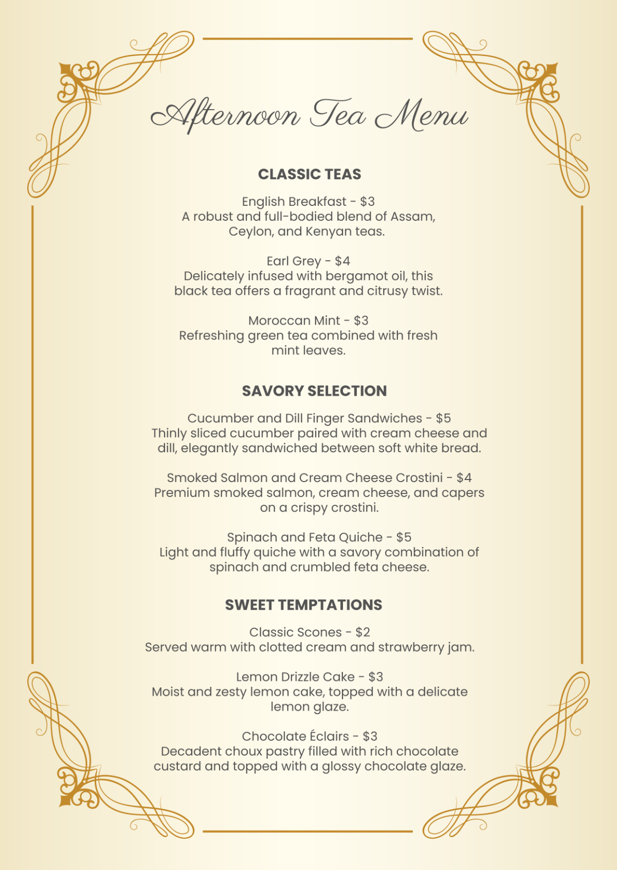 Free Afternoon Tea Menu Template To Edit Online regarding Free Afternoon Tea Menu Template