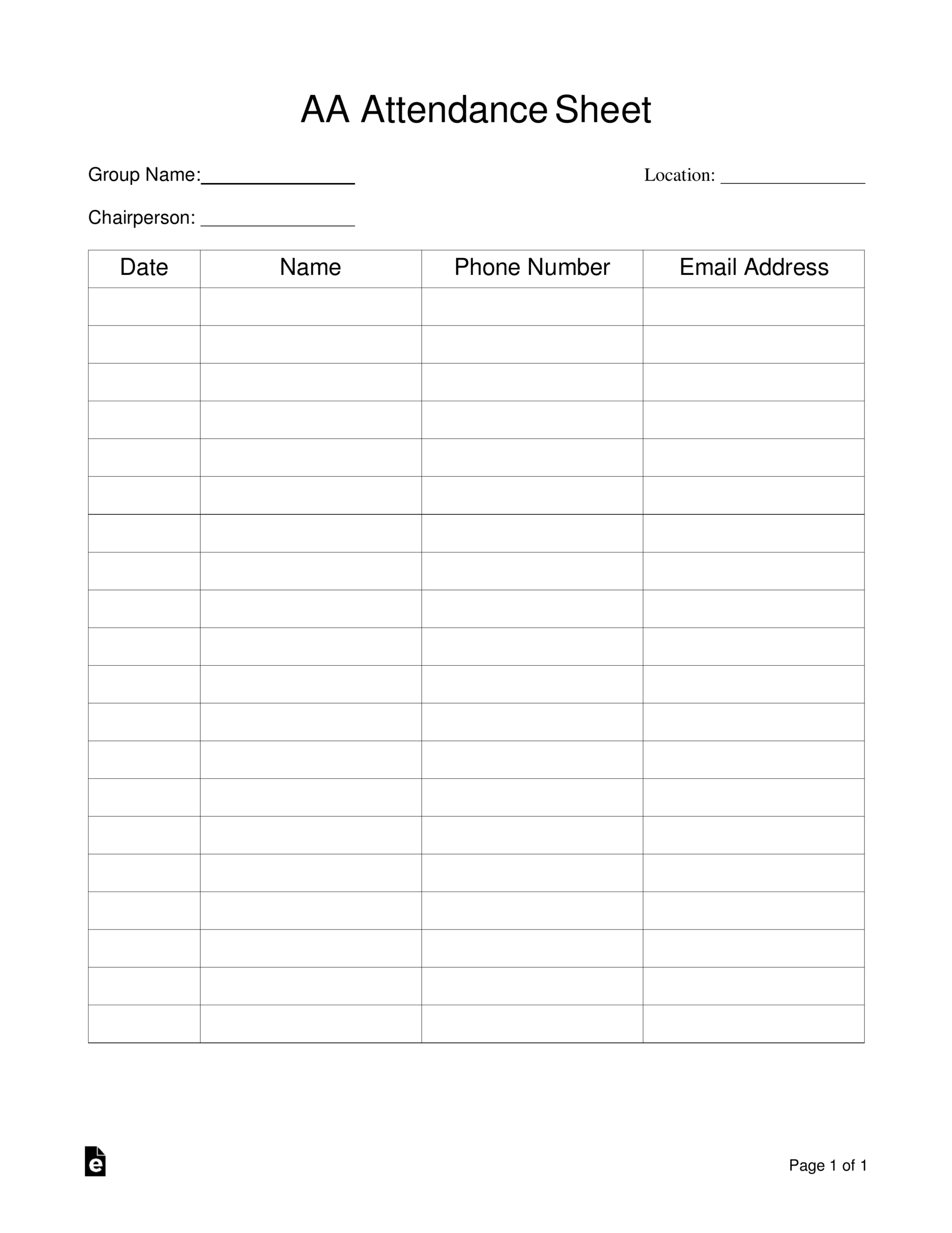 Free Alcoholics Anonymous (Aa) Sign-In / Attendance Sheet Template throughout Free Printable Aa Meeting Sign In Sheet