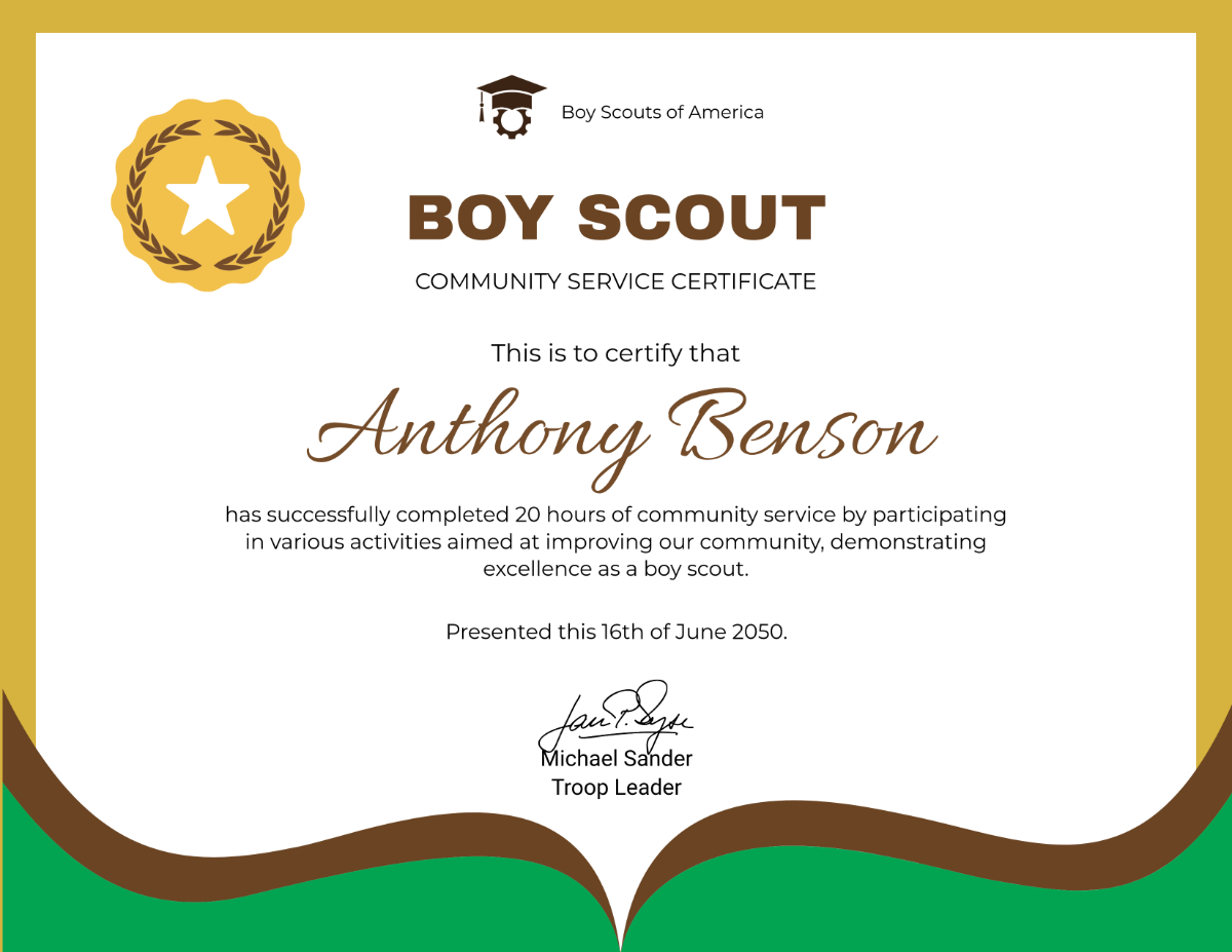 Free Boy Scouts Community Service Certificate Template To Edit Online within Free Printable Scout Certificates