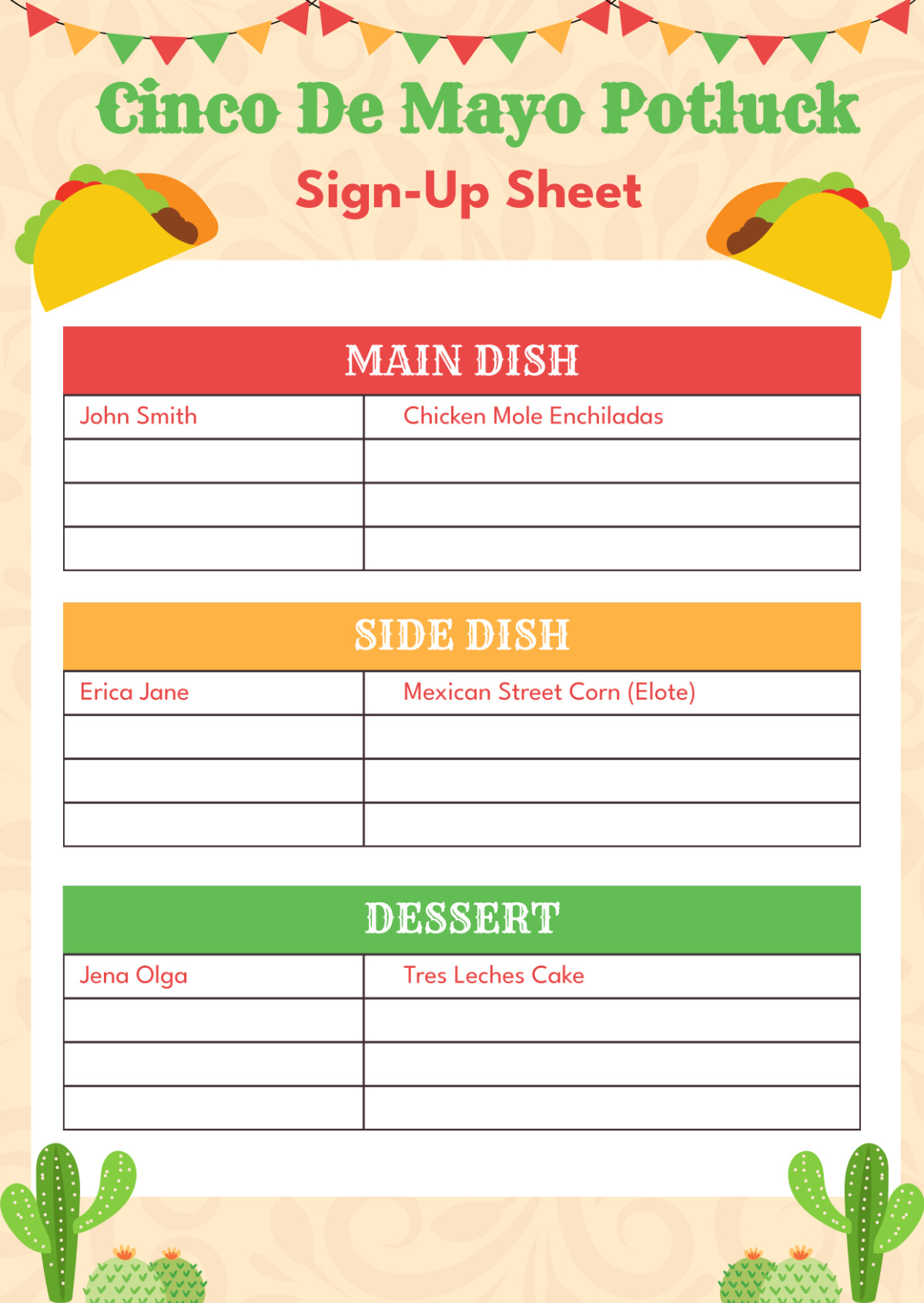 Free Cinco De Mayo Potluck Sign Up Sheet Template To Edit Online inside Free Potluck Template