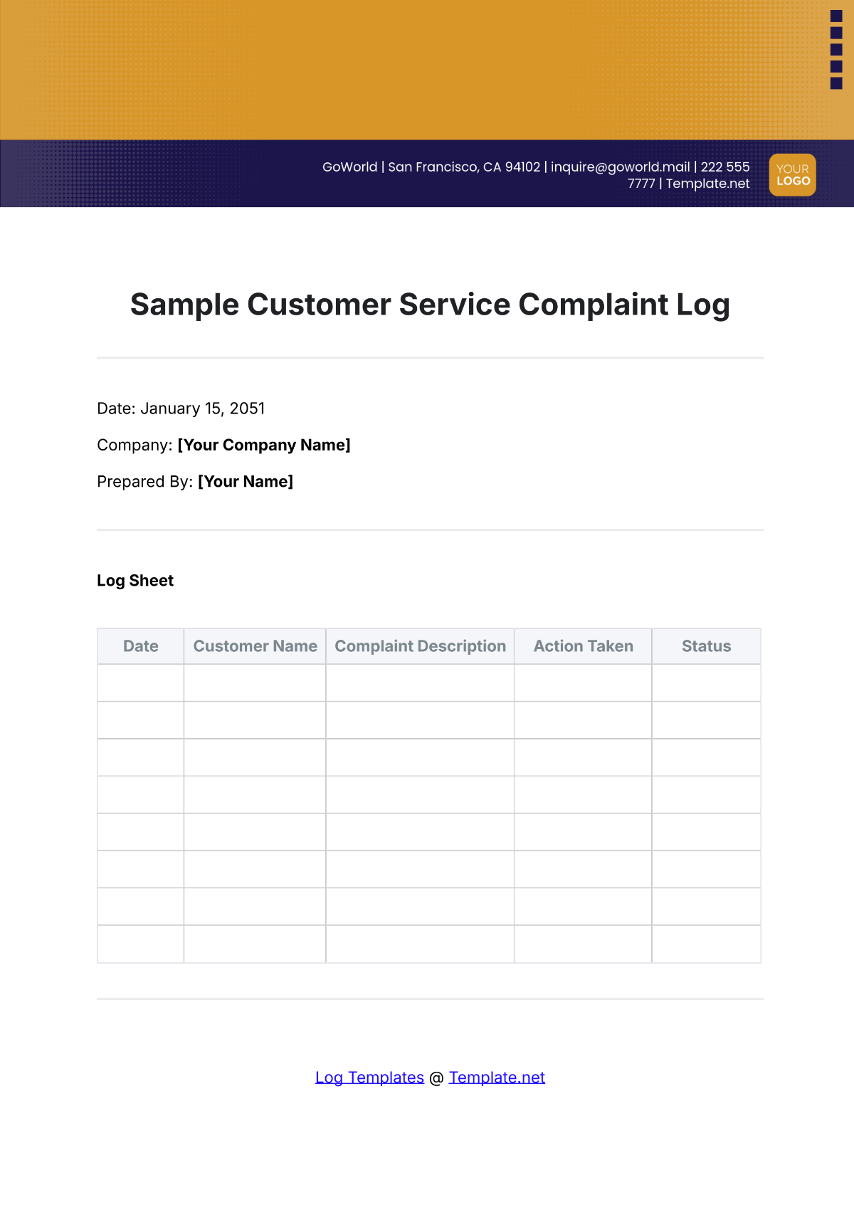 Free Complaint Log Templates, Editable And Printable with Free Customer Complaint Log Template