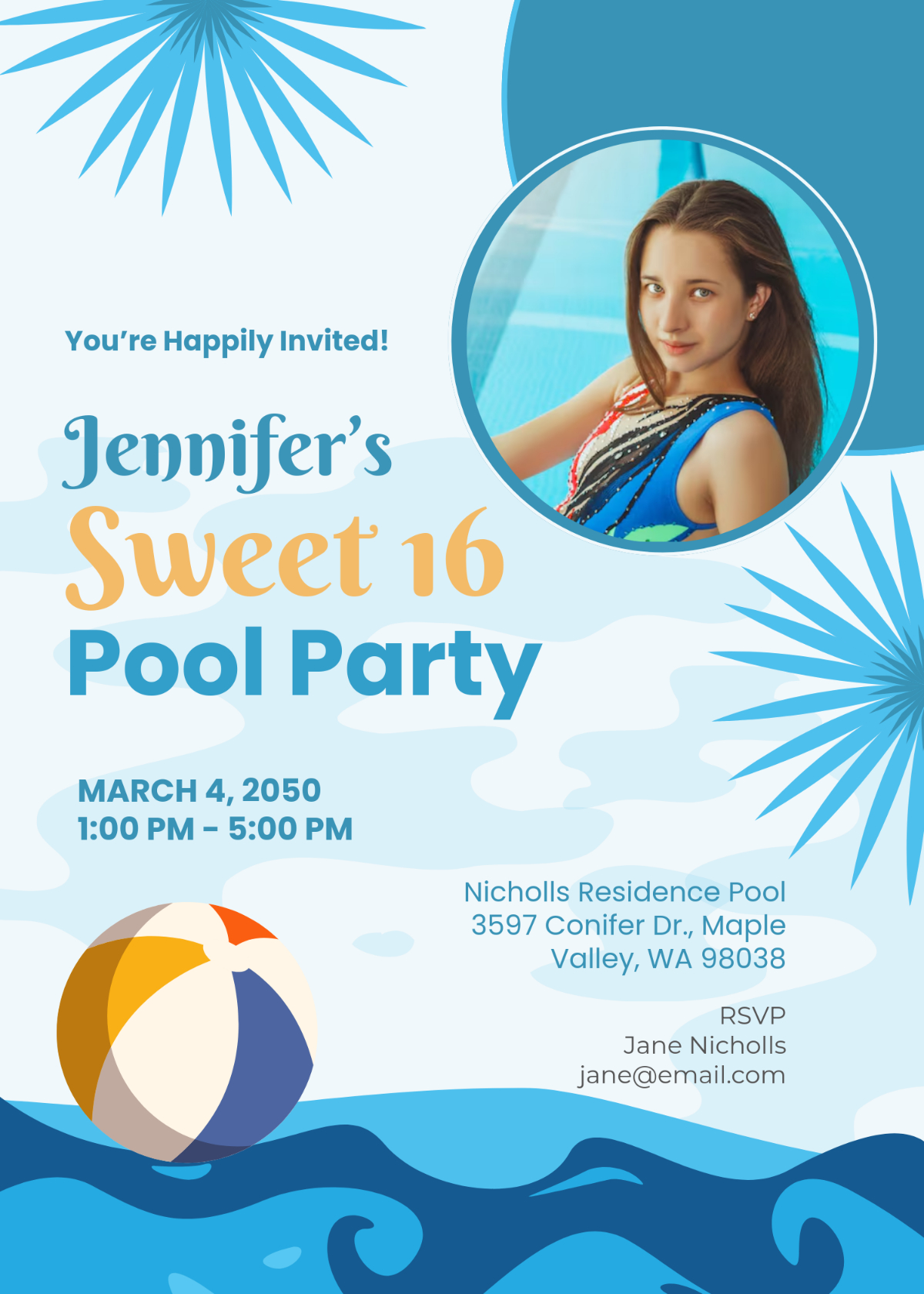 Free Creative Sweet 16 Pool Party Invitation Template To Edit Online within Free Printable Swimming Pool Birthday Party Invitations