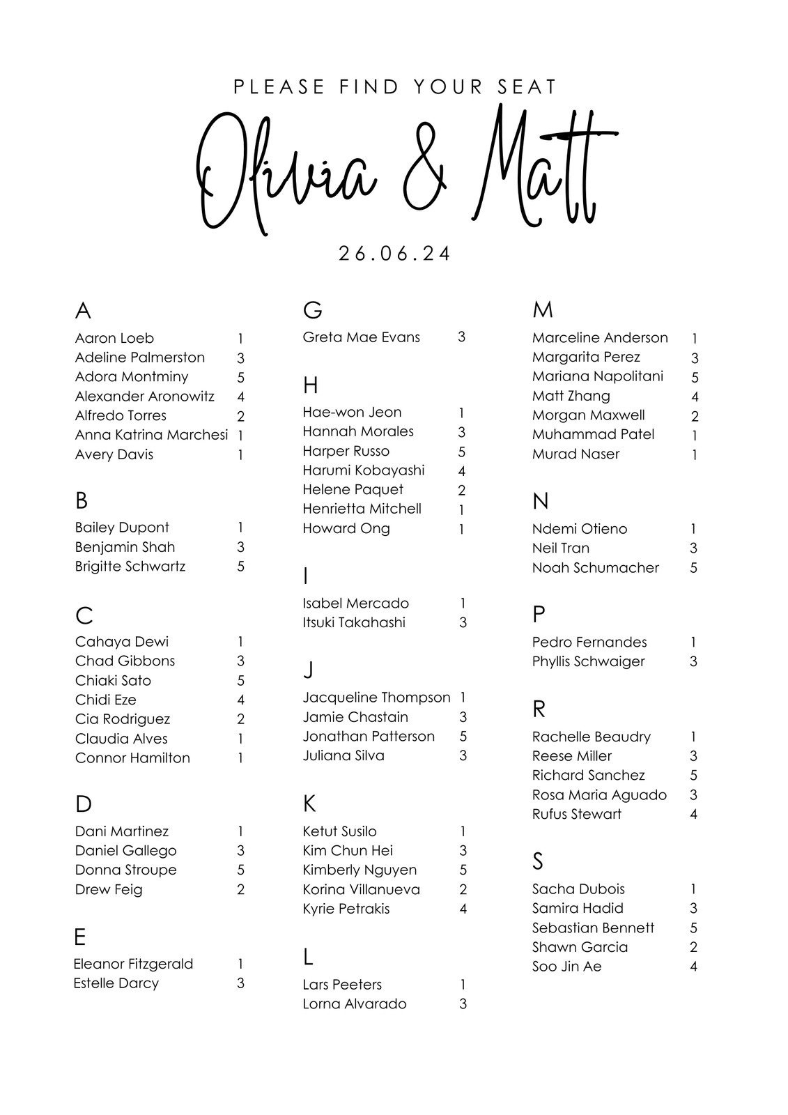 Free Custom Printable Wedding Seating Chart Templates | Canva intended for Free Printable Wedding Seating Plan