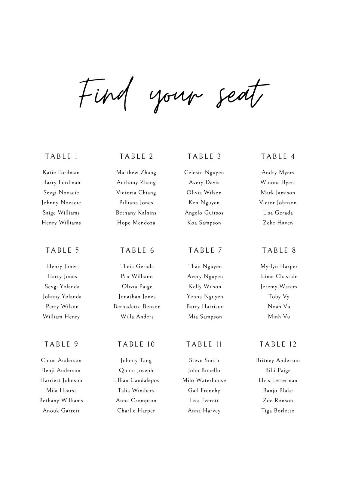 Free Custom Printable Wedding Seating Chart Templates | Canva with Please Find Your Seat Free Template