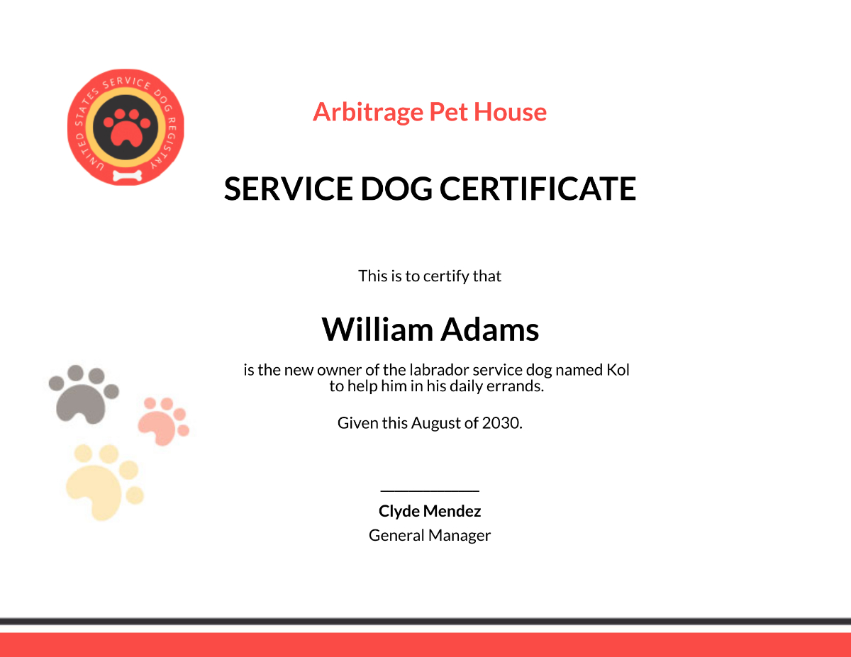 Free Dog Certificate Template To Edit Online in Free Printable Service Dog Certificate