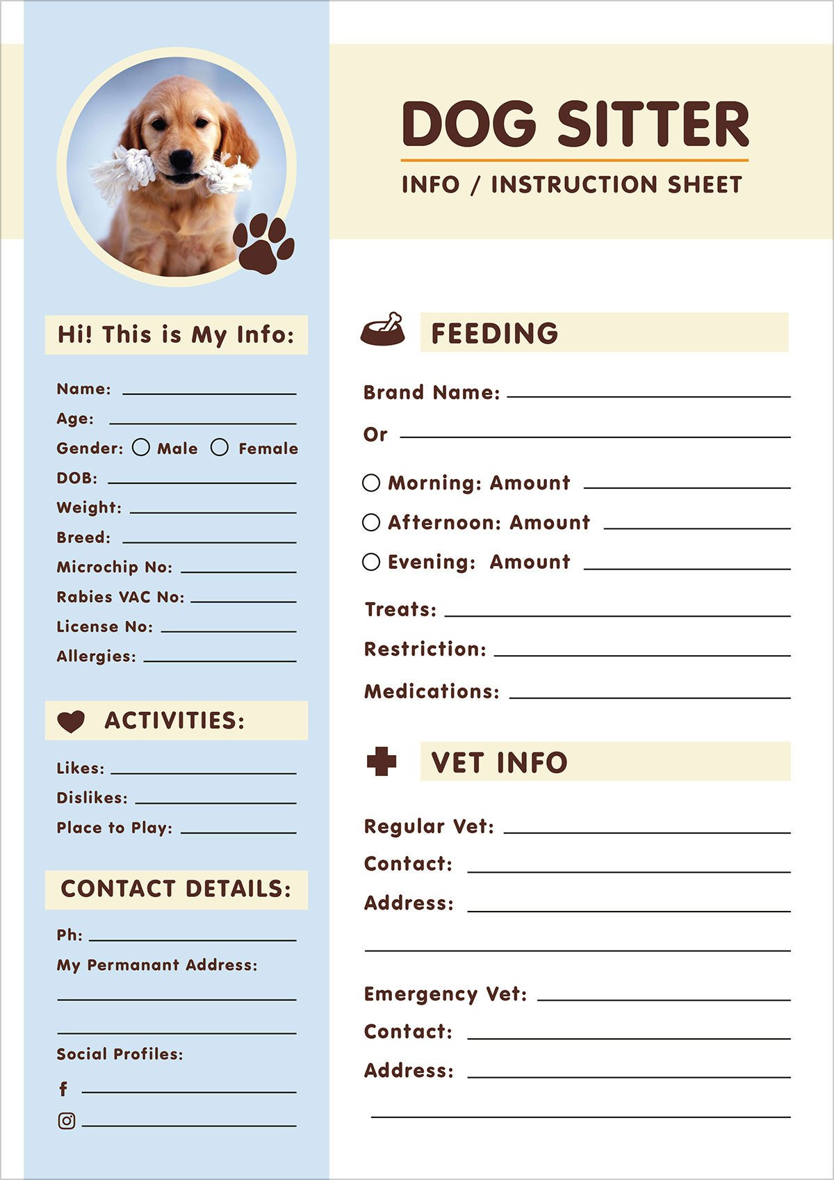 Free Dog Sitter Instruction / Information Sheet Design Template pertaining to Free Pet Sitting Templates
