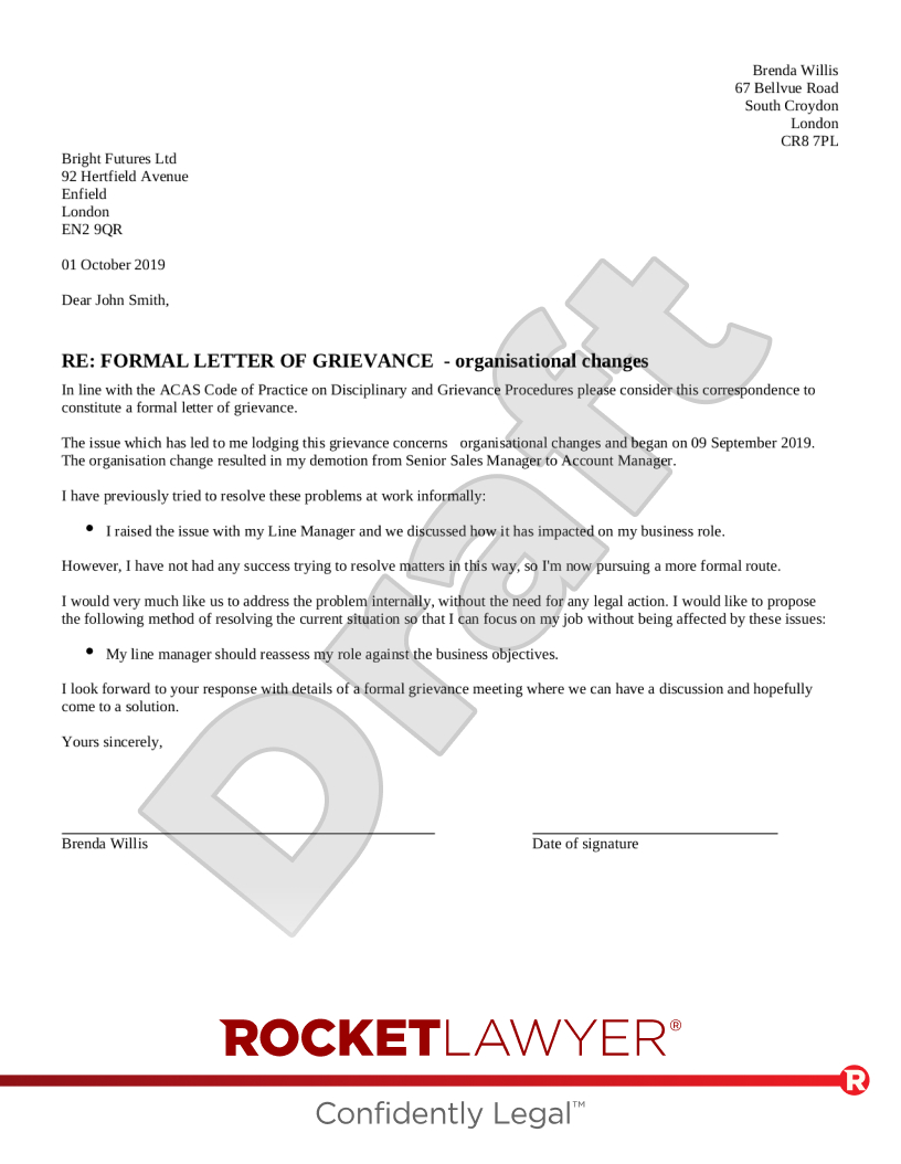 Free Grievance Letter | Template & Faqs - Rocket Lawyer Uk with Formal Grievance Letter Template Free