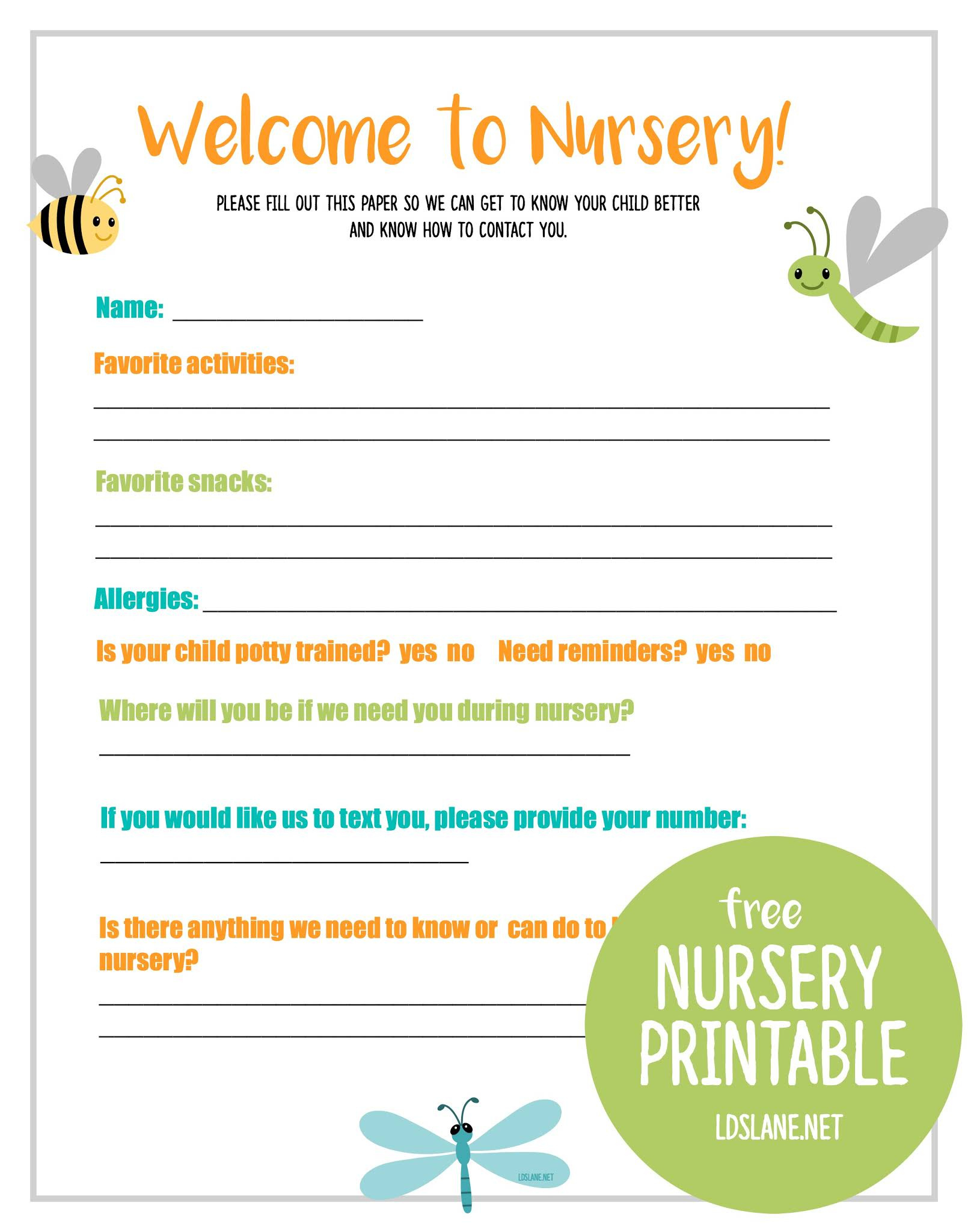 Free Lds Nursery Printable with Free Printable Church Nursery Forms