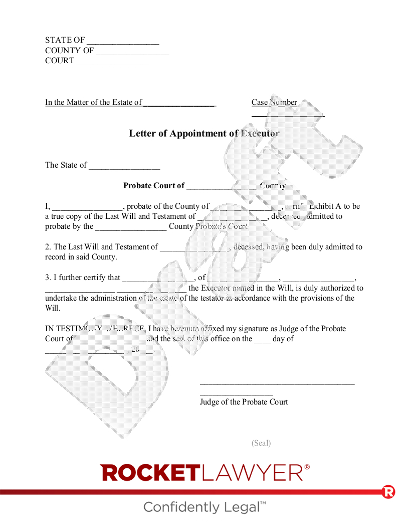 Free Letter Of Appointment Of Executor Template - Rocket Lawyer for Free Printable Executor of Estate Form