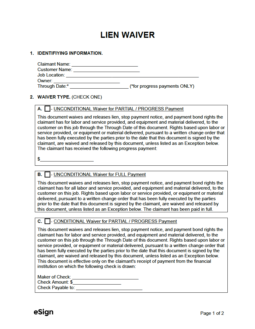 Free Lien Waiver Forms | Pdf | Word inside Free Printable Lien Release Form