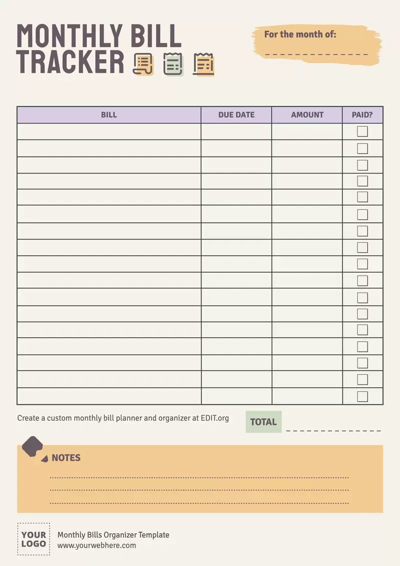 Free Monthly Bills Organizer Templates intended for Free Bill Printables