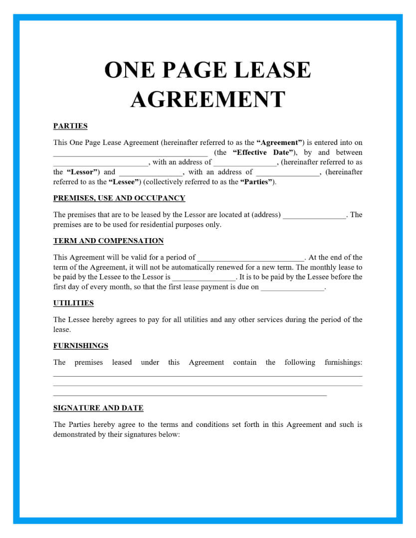 Free One Page Lease Agreement Templates in Free Simple Residential Lease Agreement Template South Africa