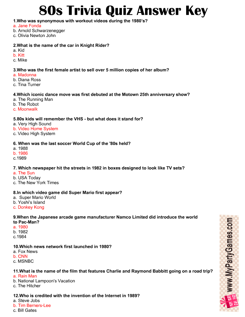 Free Printable 80S General Trivia Quiz for Free Printable Pub Quiz Questions and Answers