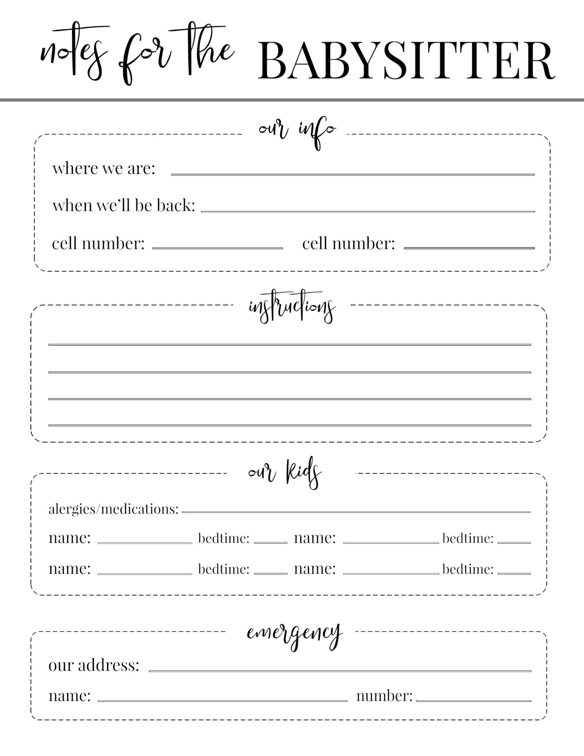 Free Printable Babysitter Notes Template - Paper Trail Design within Free Babysitting Printables