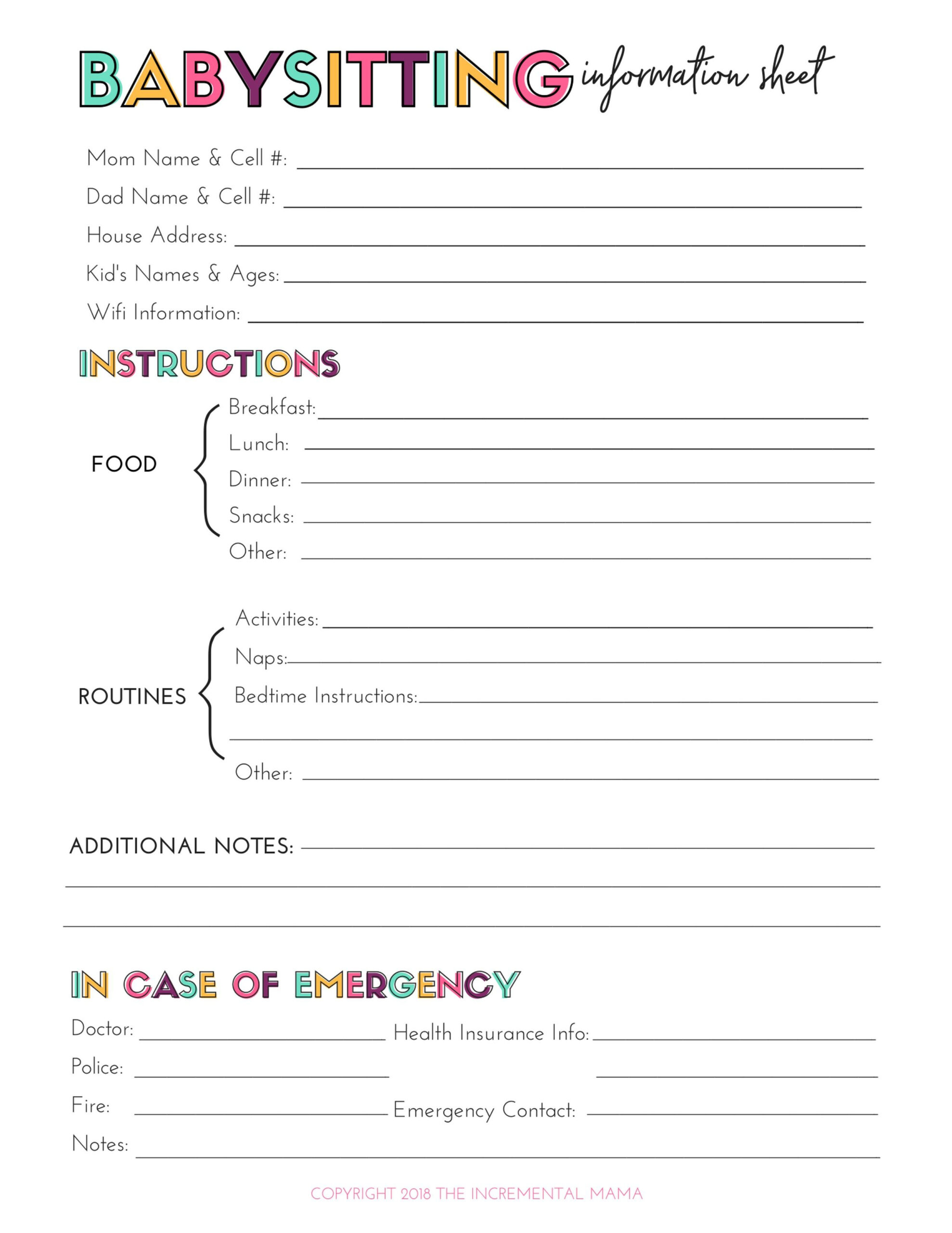 Free Printable Babysitting Information Sheet inside Free Babysitting Printables
