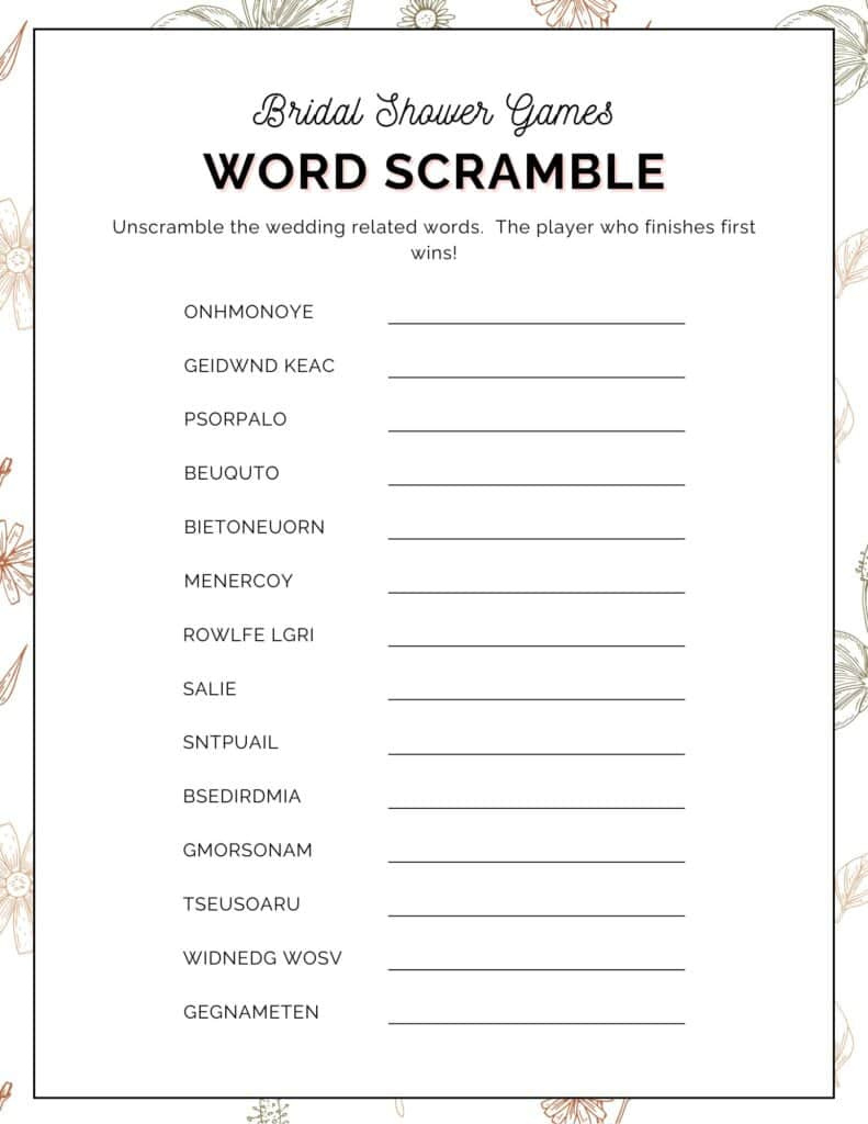 Free Printable Bridal Shower Word Scramble Game in Bridal Shower Word Scramble Free Printable