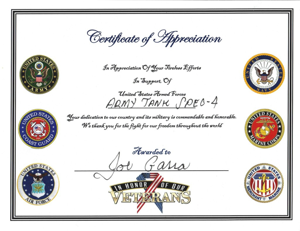 Free Printable Certificates Of Appreciation For Veterans within Free Printable Military Certificate of Appreciation Template Free