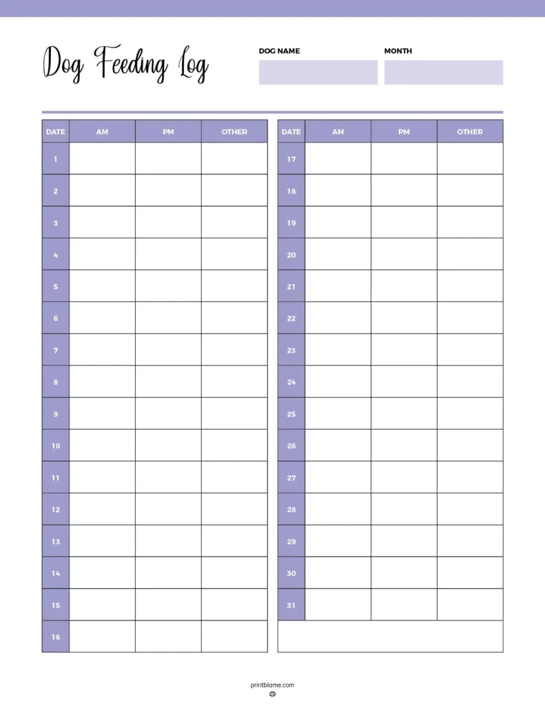 Free Printable Dog Feeding Charts - 16 Dog Food Tracker Pdfs for Free Printable Dog Feeding Chart