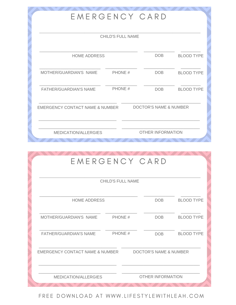 Free Printable Emergency Cards For Your Kids - Lifestyle With Leah intended for Free Emergency Card Template