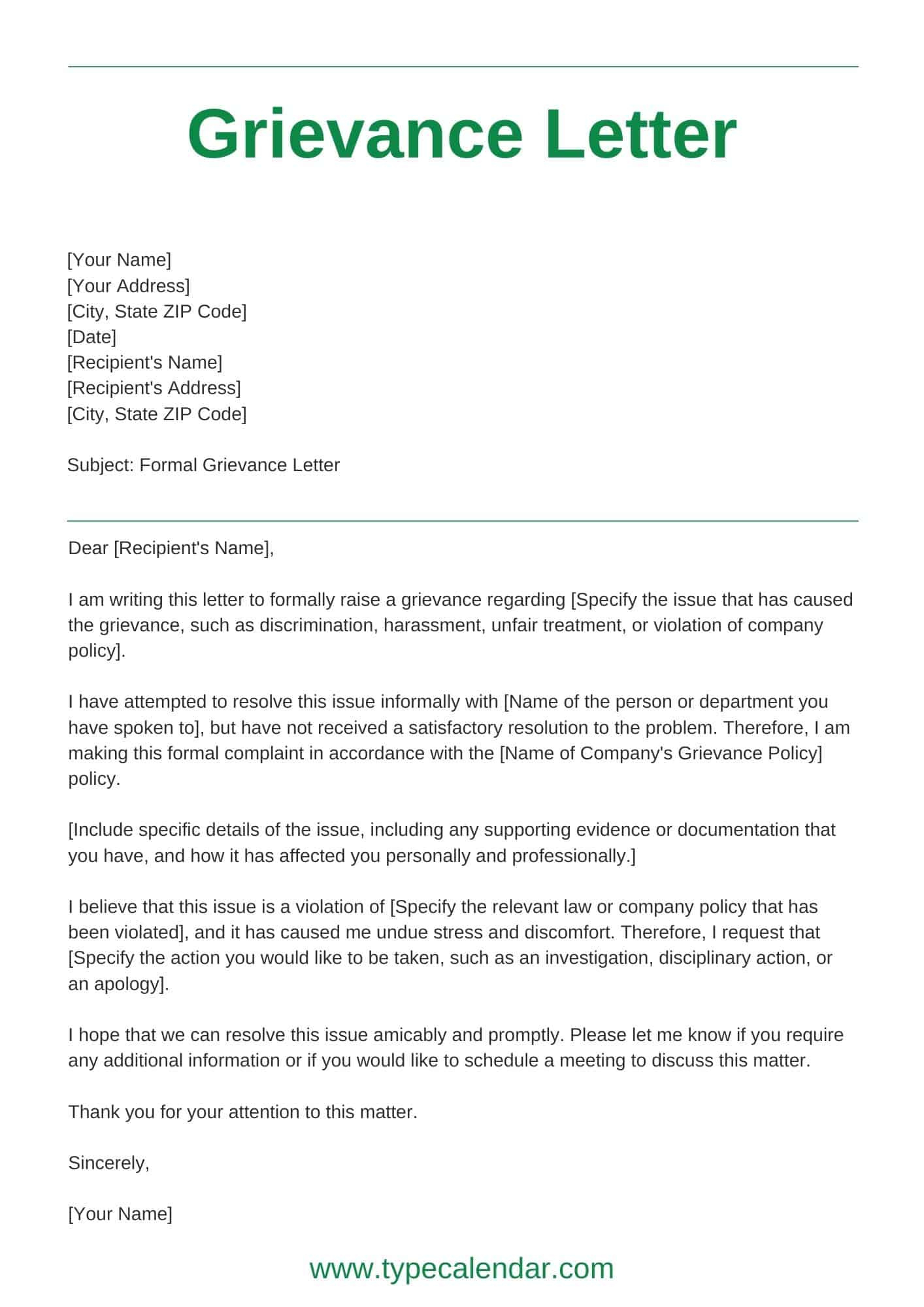 Free Printable Grievance Letter Templates [Pdf, Word] +Tips &amp; Examples within Formal Grievance Letter Template Free