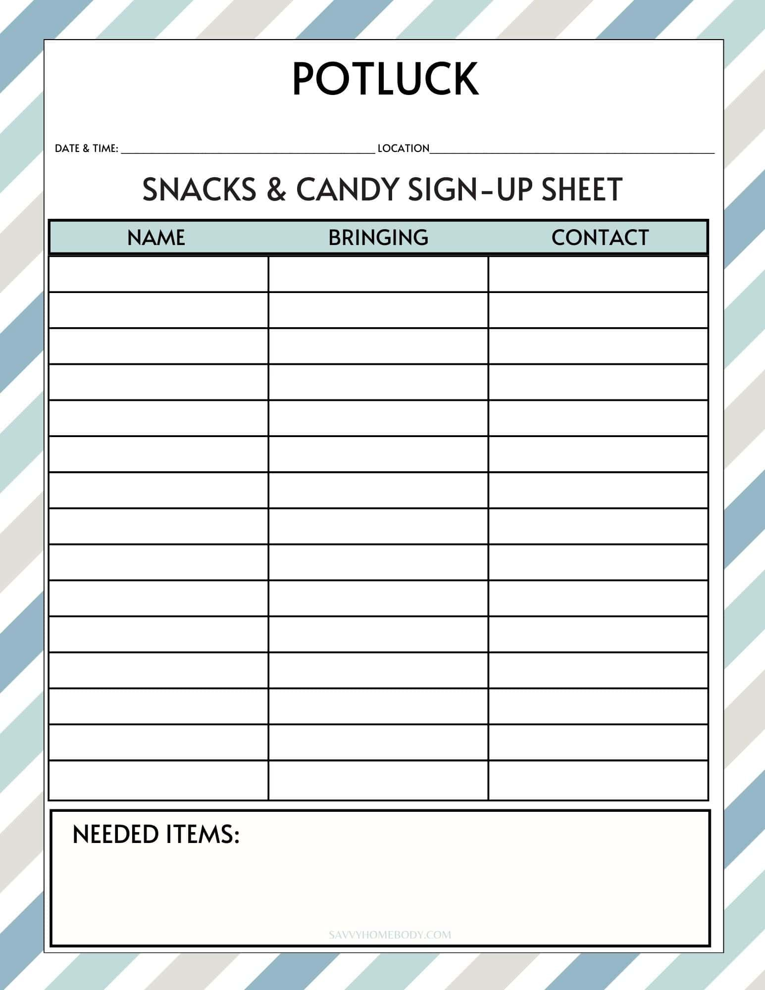 Free Printable Potluck Sign Up Sheets pertaining to Free Printable Snack Sign Up Sheet