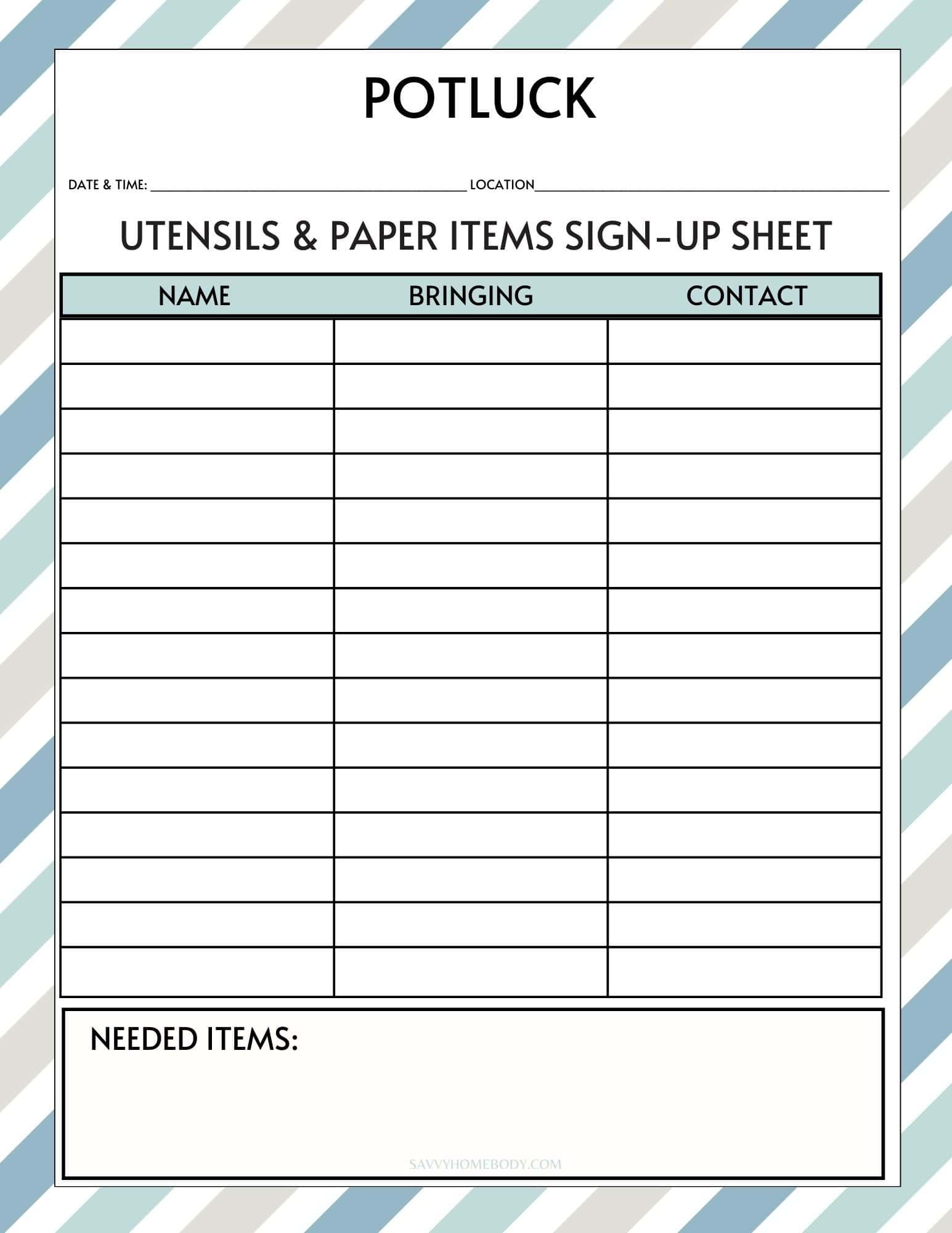 Free Printable Potluck Sign Up Sheets regarding Free Potluck Template